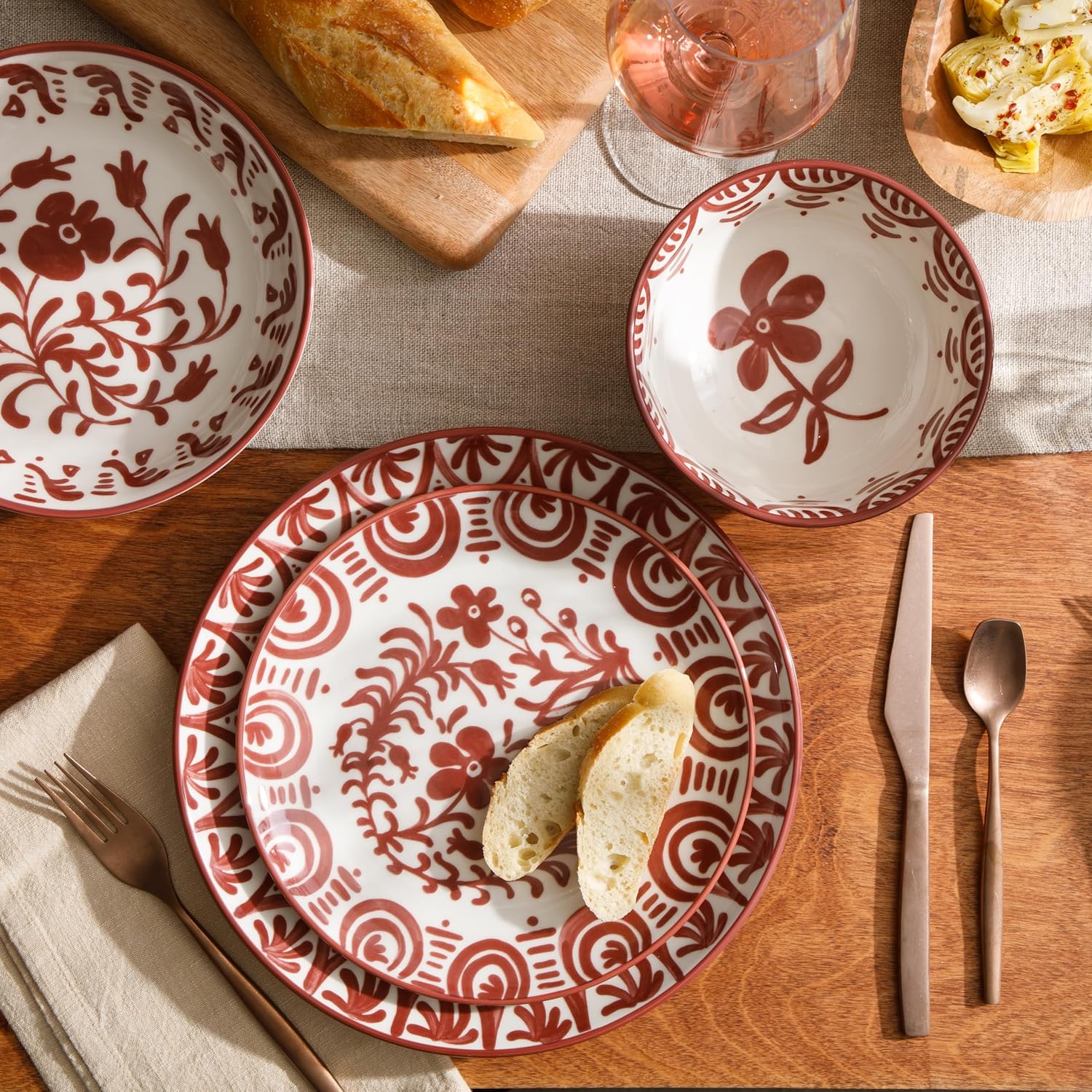 Bloomhouse - 2-Time Oprah’s Favorite Things - Valencia Flor 16 Piece Dinnerware Set, Artisanal Decorated Stoneware Plates & Bowls, Service for 4, Microwave & Dishwasher Safe, Pomegranate Red