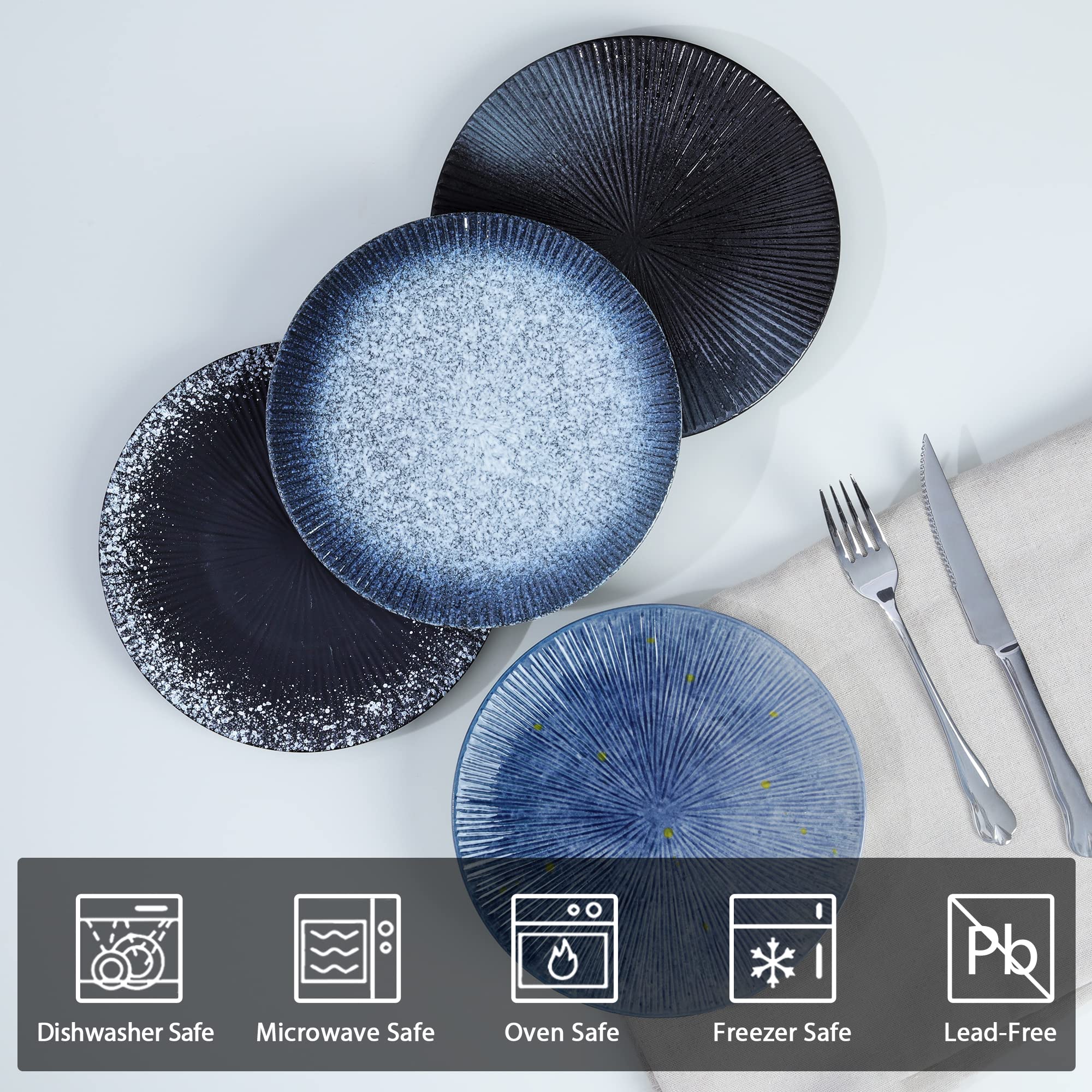fanquare Juego de 4 Platos de Postre de 20 cm, Platos Japoneses para Ensaladas de Fruta, Helados, Platos de Porcelana Negra, Platos Aptos para Microondas