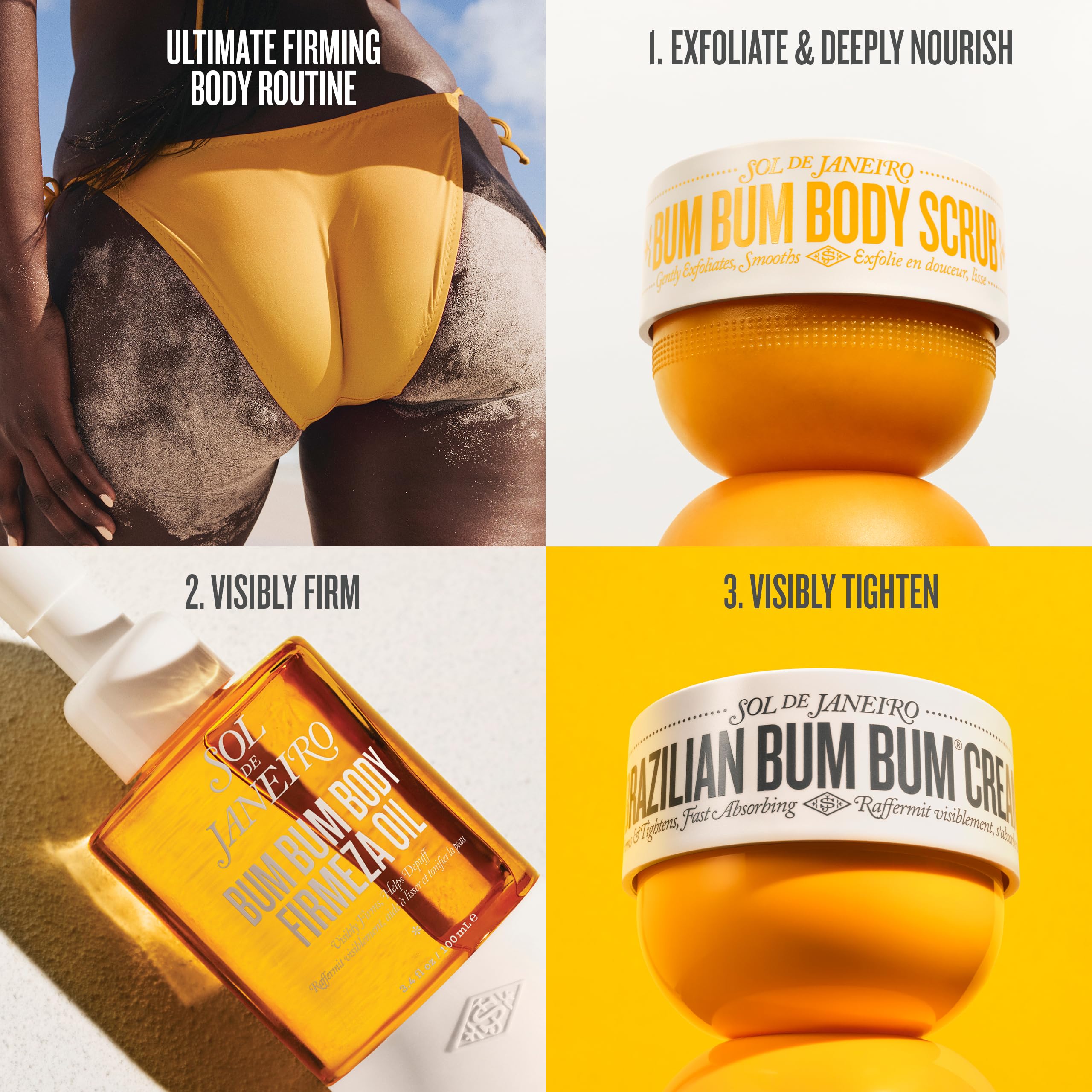 SOL DE JANEIRO Brazilian Bum Bum Cream, Bum Bum Firmeza Body Oil, and Bum Bum Body Scrub Bundle - Ultimate Firming Ritual, Amazon Exclusive
