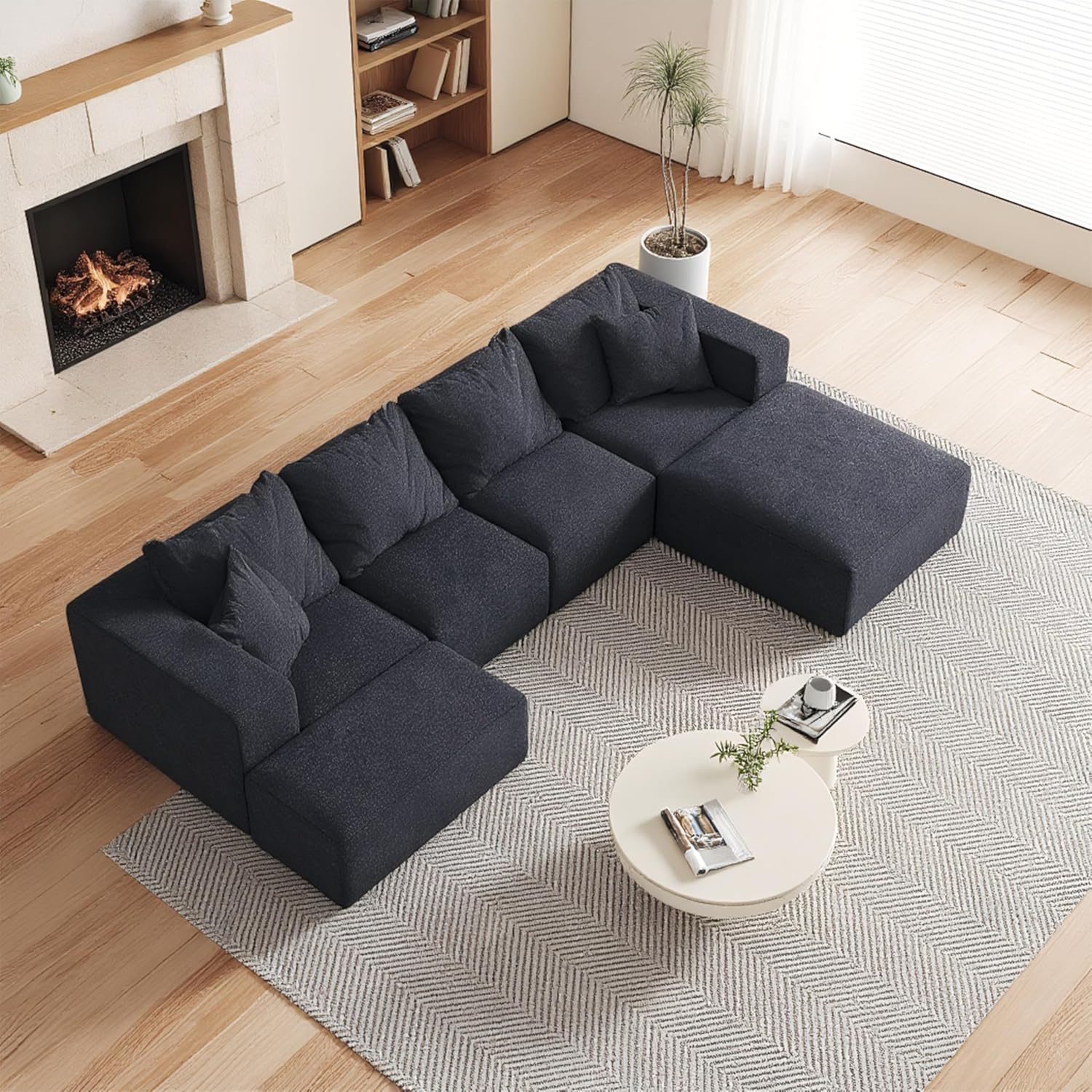 132'' Oversized Cloud Couch, Upholstered Modular Sectional Sofa with 6 Pillows, Deep Seat Chenille Couches for Living Room, Free Combination, No Assembly Required,Black
