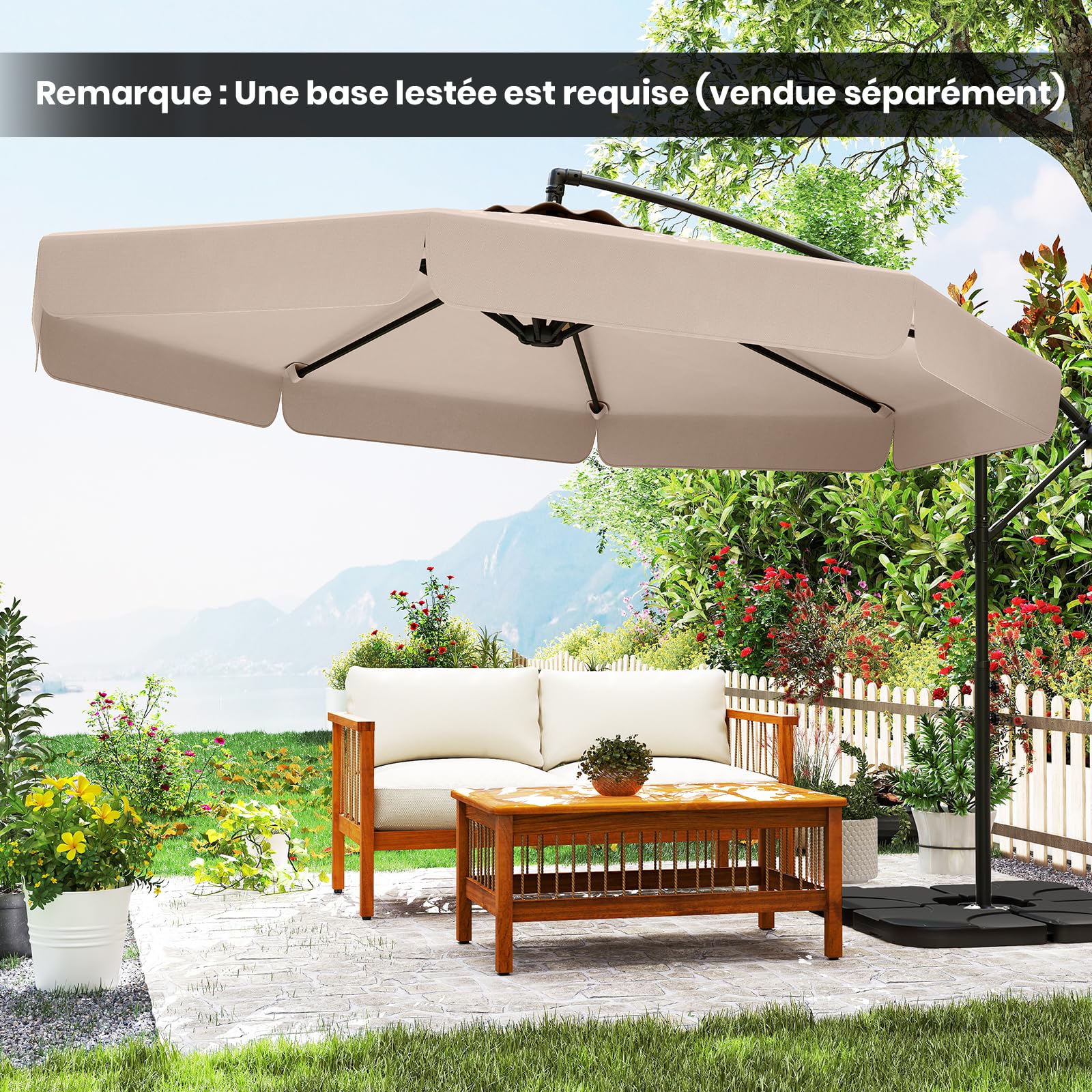 RELAX4LIFE Parasol Déporté Octogonal Φ305x250cm Parasol de Jardin (Beige)