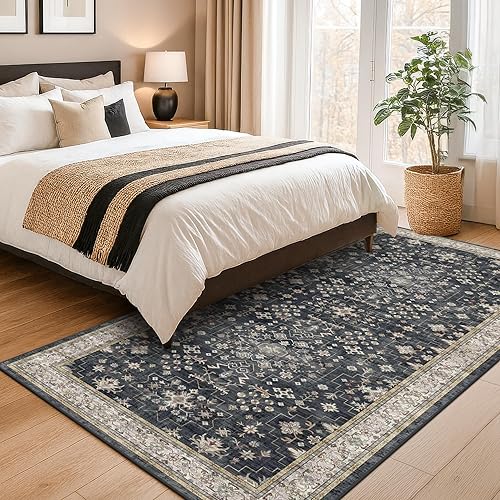 Miniatura 654 de Alfombra Boho Negra para Sala de Estar - Alfombra de Área Lavable de 10x14 Pies, Alfombras de Comedor para Debajo de la Mesa, Alfombra Suave de Pelo