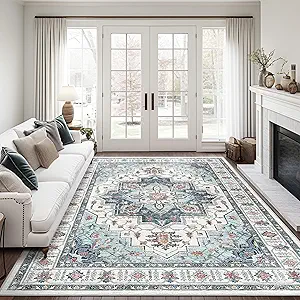 Madane 5x7 Area Rugs for Living Room, Stain Resistant Washable Rug, Non-Slip Backing Area Rug, Vintage Home Decor Rug for Bedroom (Blue, 5'x7')