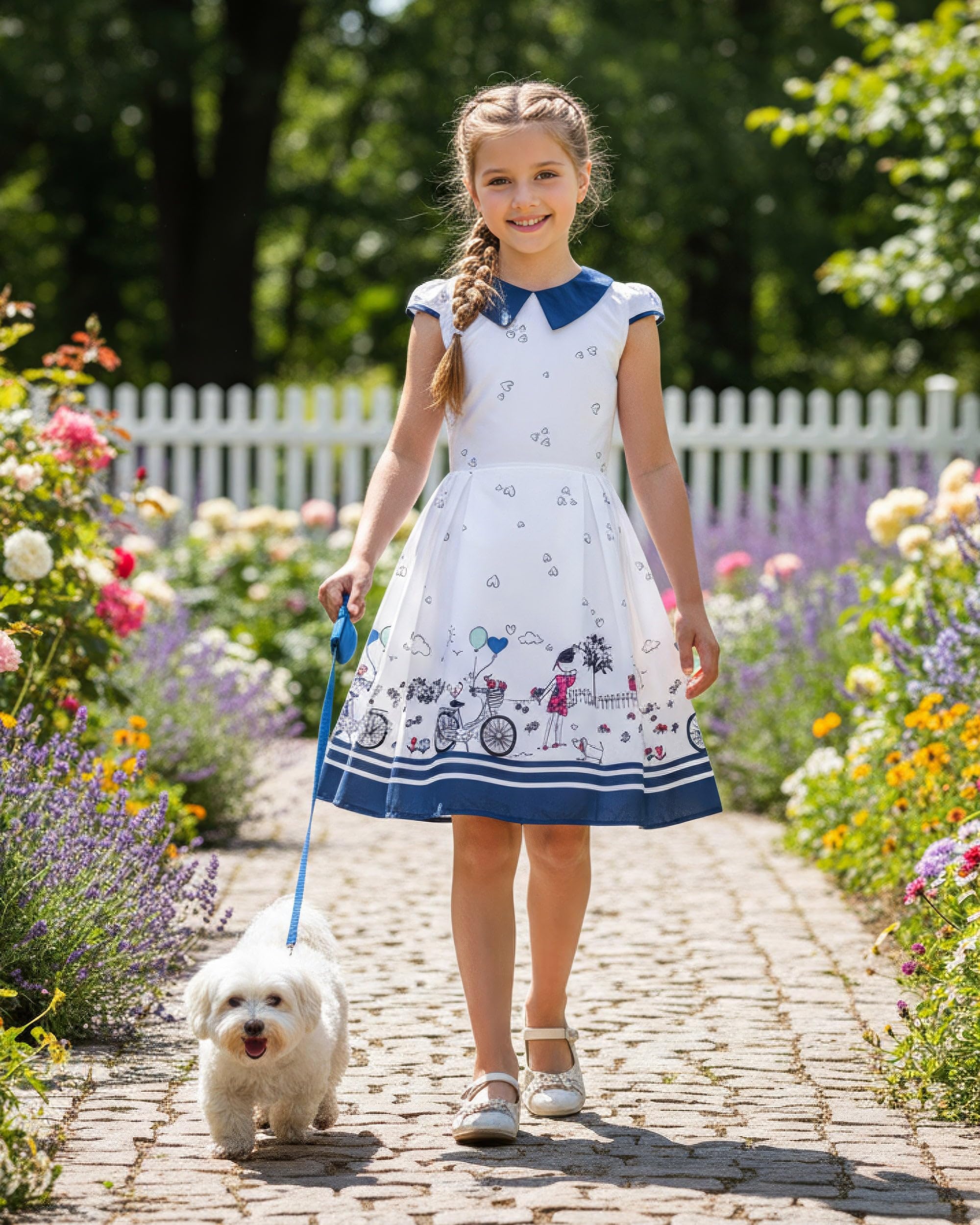 BlackButterfly Mädchen Kleid Olivia Herzen Print | Faltenrock, Flügelärmel, Bubikragen, Motivdruck Am Saum, Gefüttert, Reißverschluss Hinten, 3-14 Jahre