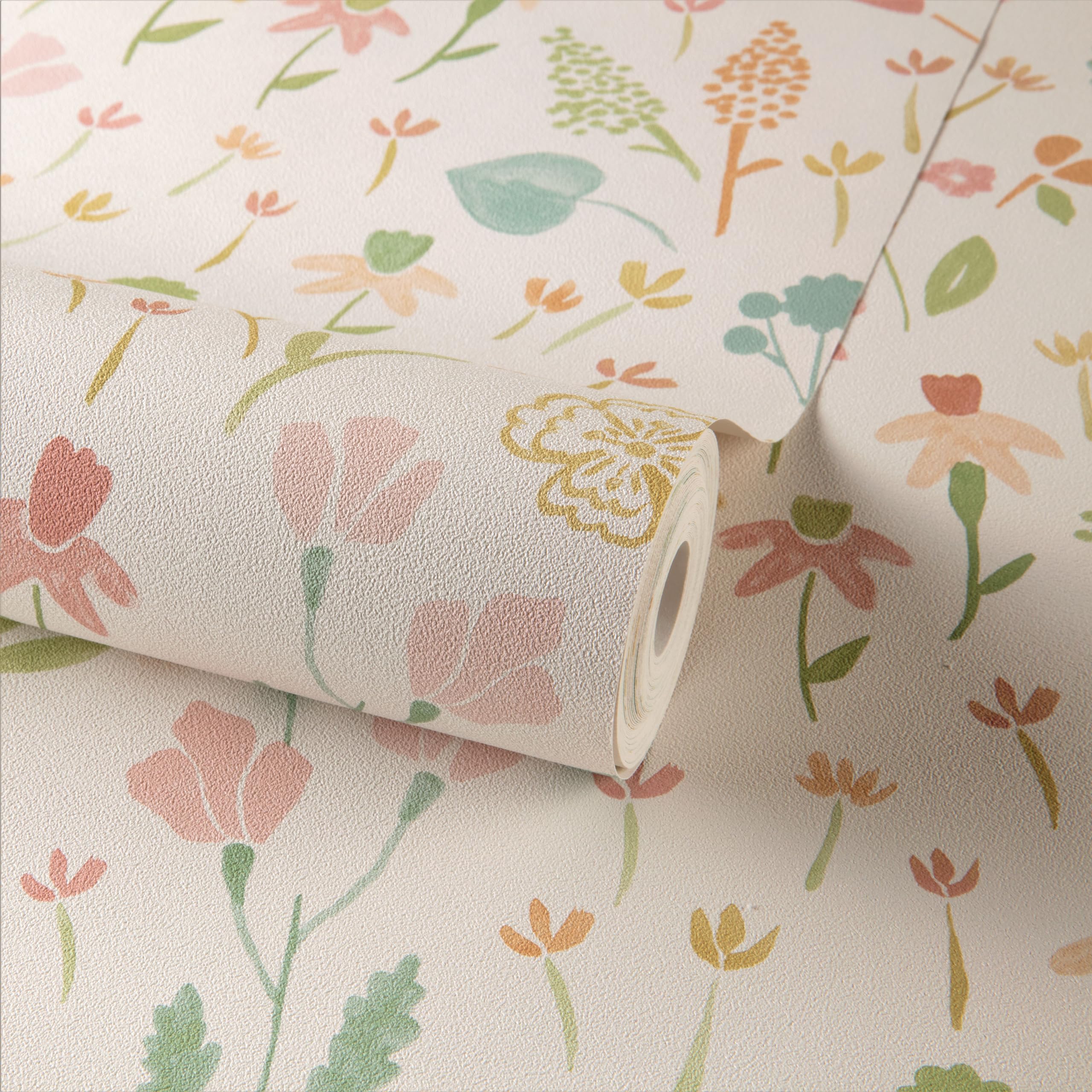Grandeco Pink Naive Ditsy Garden Flowers Textured Wallpaper, Neutral Size 2.7116858226