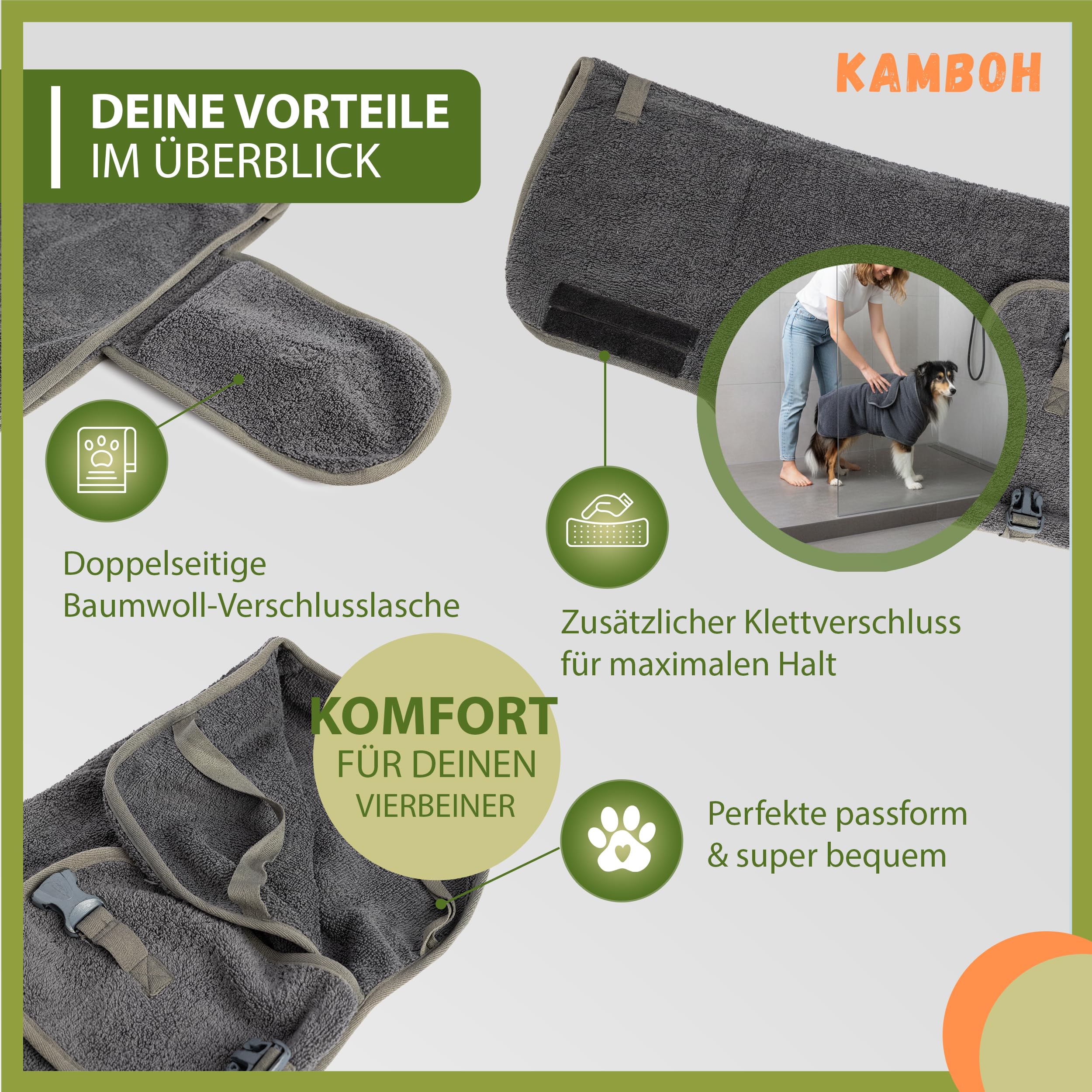 Kamboh® - Premium Hundebademantel inkl. Pfoten-Handtuch 100% Frottee-Baumwolle (Gr. M mittlere Hunde 9-14kg) - Bademantel & Hundemantel (extra saugfähig) - Hunde-Handtuch & Badetuch verstellbar