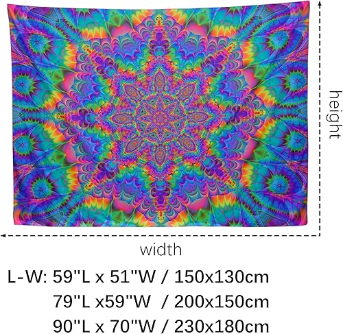 Miniatura 4 de OSVINO Tapiz de mandala de luz negra de 79 x 59 pulgadas, tapiz psicodélico bohemio que brilla en la oscuridad, telón de fondo colorido, decoración
