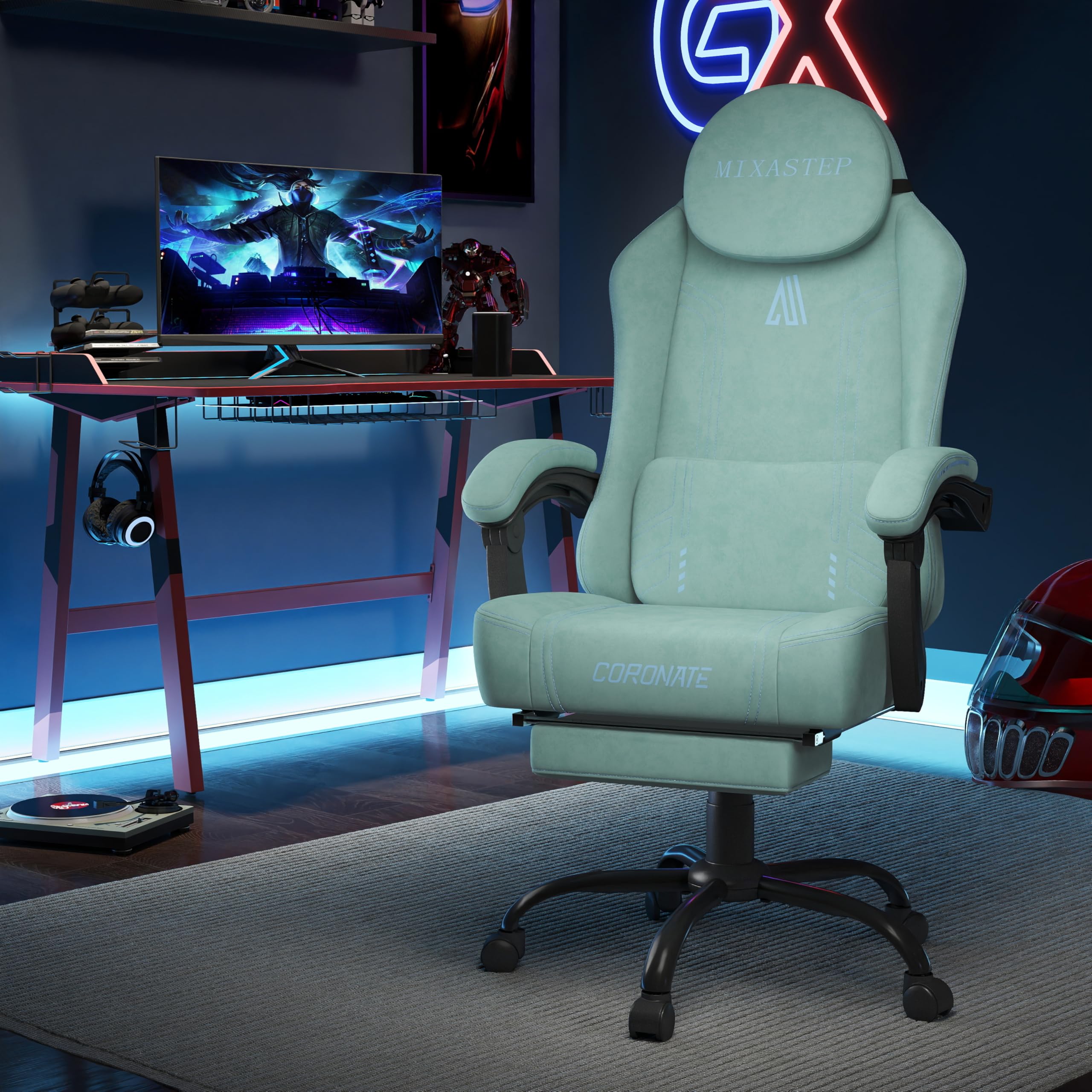 MIXASTEP Gaming Stuhl Ergonomisch mit Verstellbarer Rückenlehne & 360° Drehfunktion - Bürostuhl für Erwachsene/Jugendliche 150KG,PC-Stuhl aus Technologiegewebe in Blau für Homeoffice/Gaming