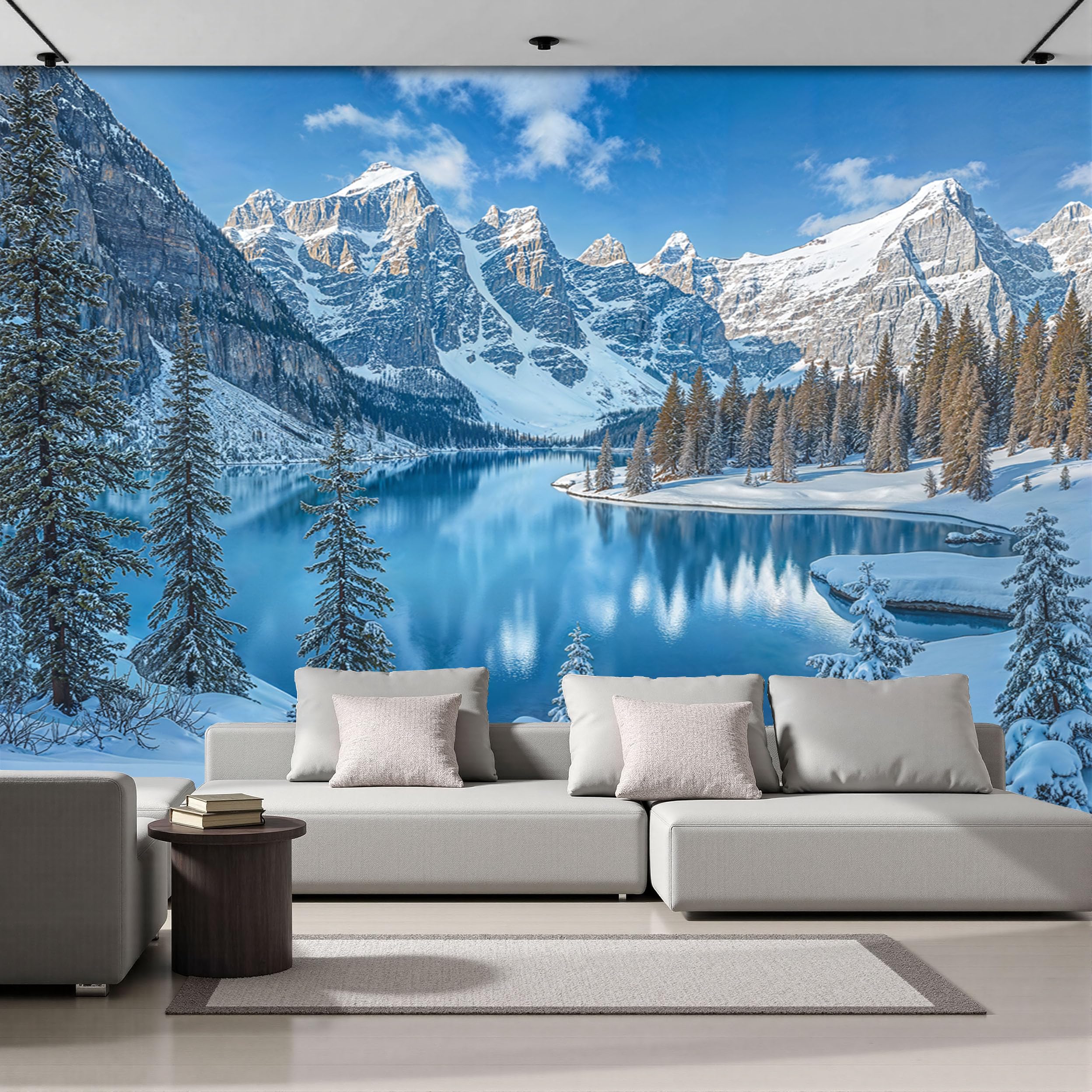 Murales 3D Per Soggiorno Carta da Parati con Montagne Innevate E Laghi Paesaggio Invernale, Carta da Parati Soggiorno la Parete Foto Personalizzata Per Camera da Letto Mural, 350Lx256A cm