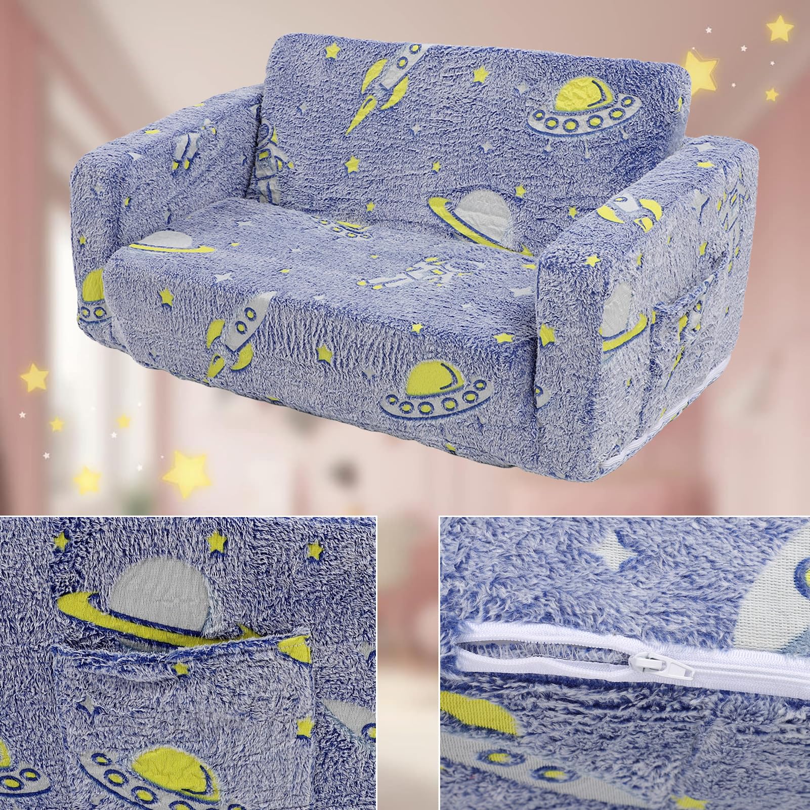 Sofa dla Dzieci, Składana Kanapa Malucha 2 w 1 ze Zdejmowanym Pokrowcem świecącym w Ciemności, Rozkładana Sofa do łóżka dla Dziewcząt i Chłopców do Nauki (BLUE)