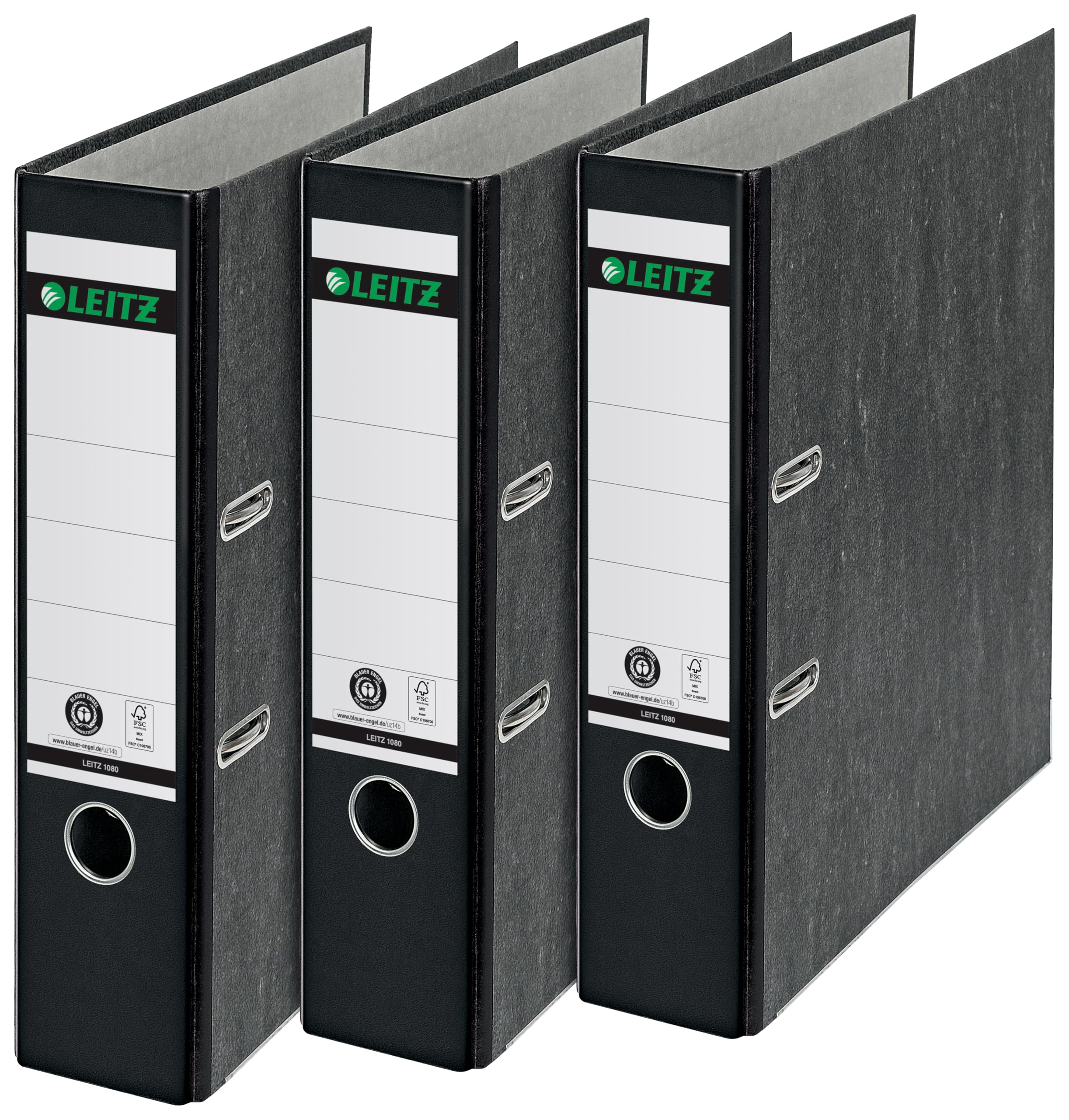 Leitz Qualitäts-Ordner, 3er-Pack, Wolkenmarmor-Papier, A4, 8 cm Rückenbreite, Schwarz, 310305095