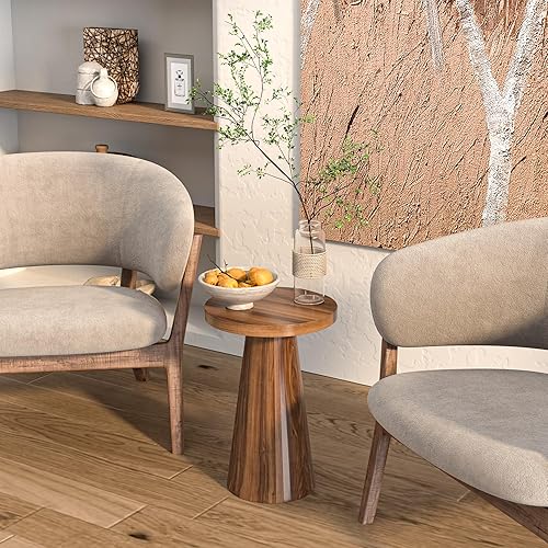 Miniatura 5 de Mesa auxiliar redonda acanalada, pedestal pequeña para sala de estar, mesita de noche moderna de mediados de siglo, mesitas de noche de madera para