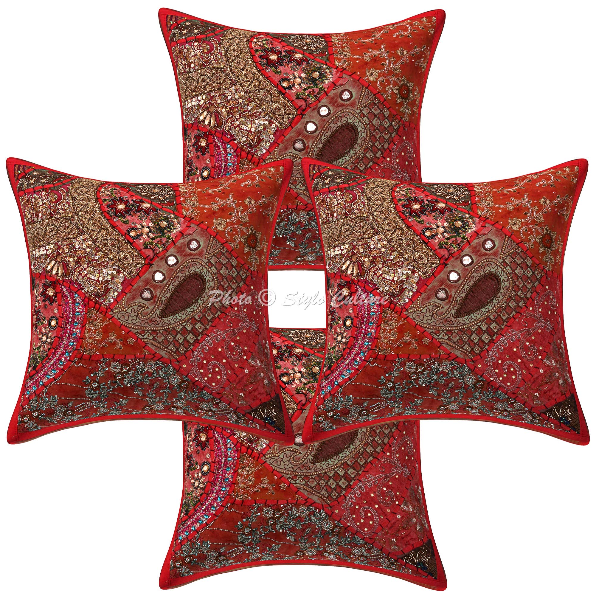 Indische Dekorativ Baumwolle Sofa Kissenbezüge 40x40 cm Rot Dekokissen Perlenbestickt Patchwork Wohnzimmer Couch Kissenhullen Halsdesign Quadrat Umschlagverschluss Kissen Bezüge - 4 Stk.