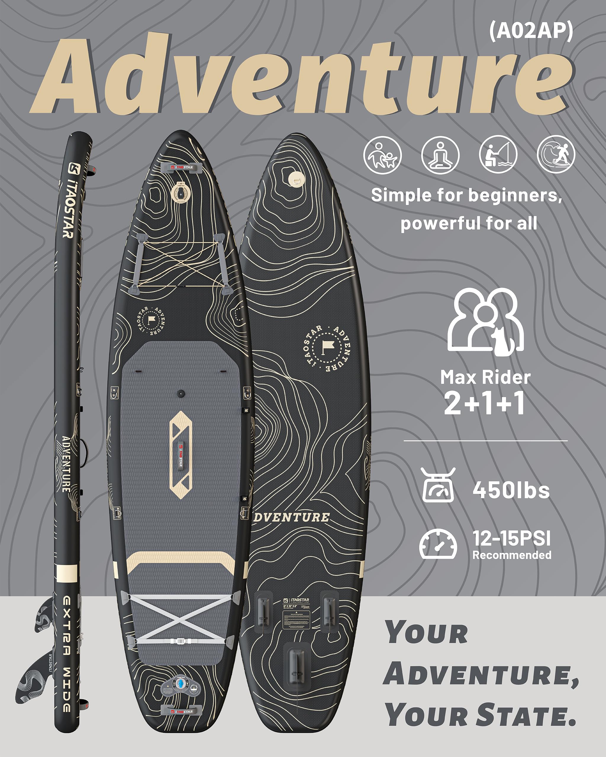 iTAOSTAR Adventure 365×88cm Planche de Paddle Extra Large avec siège, Accessoires Sup Haut de Gamme Tout-en-Un, 5 ailerons sur Mesure, Planches de Paddle gonflables Stables pour Adolescents/Adultes