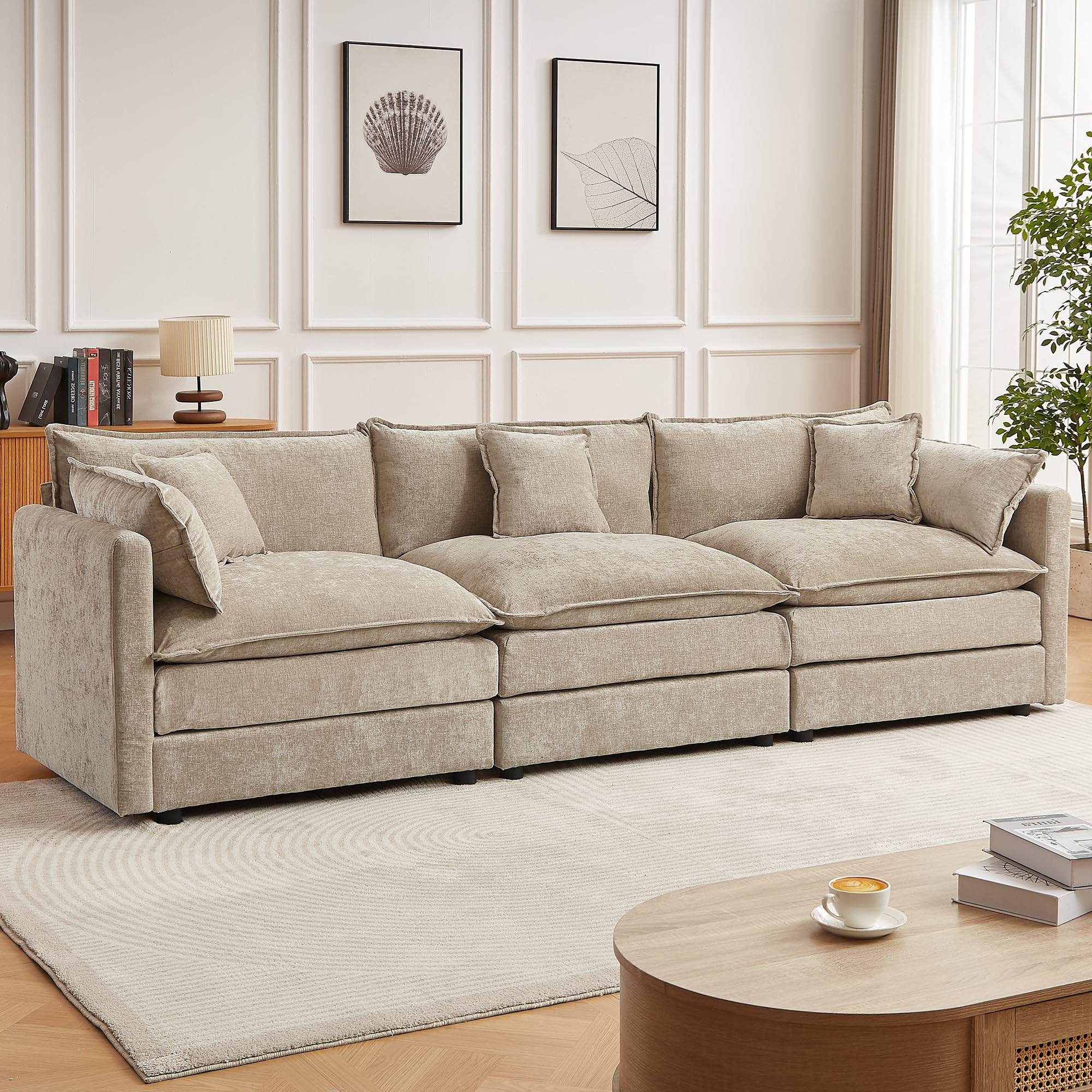 saows Modular Sectional Sofa, 112.2 Inch Rectangle Shaped Couch Set with Armrests, 3-Seater Comfy Cloud Couches for Living Room Apartment, Coffee