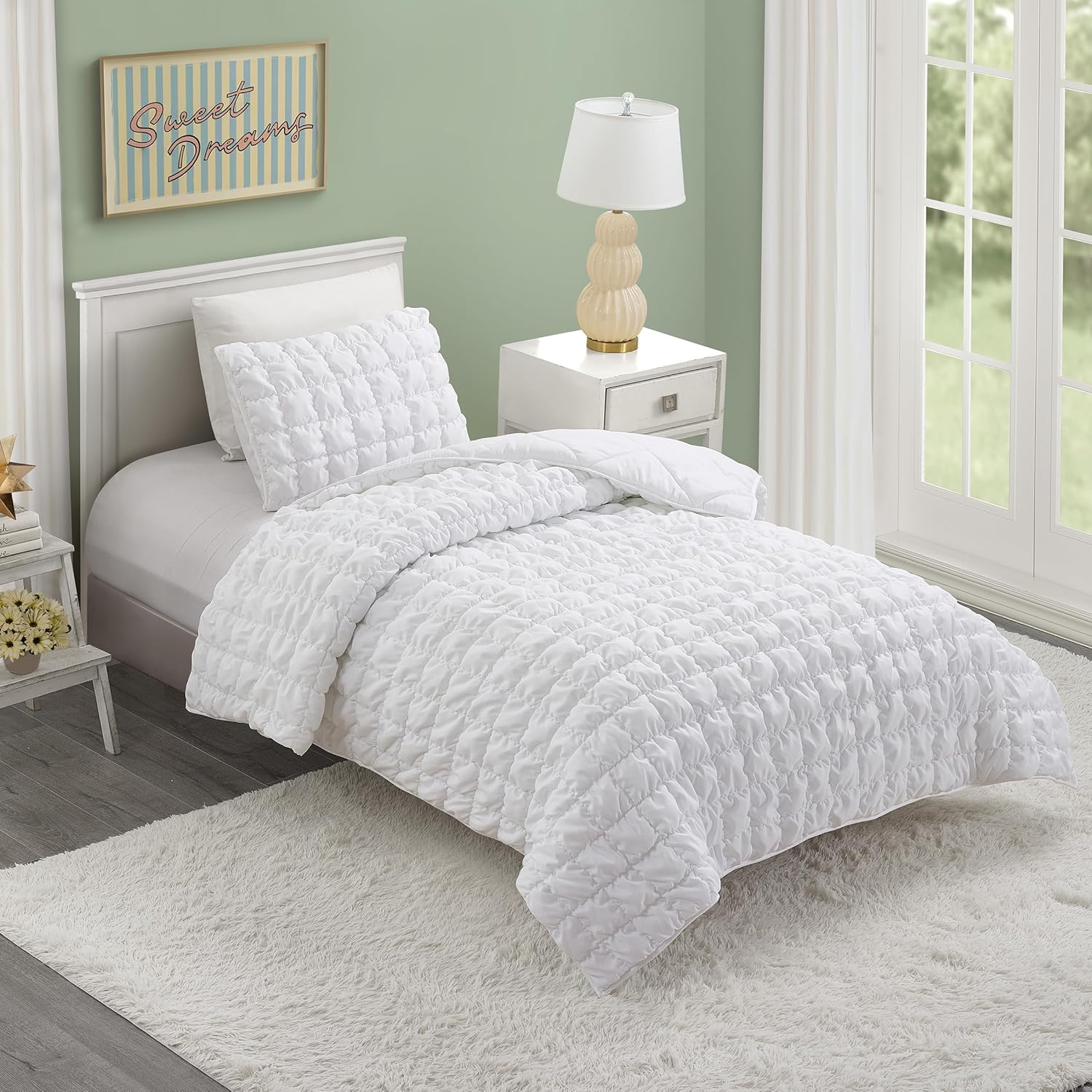 Dreamy Clouds Solid All Seasons Marshmallow Quilt Set, 2 Piece Soft Microfiber Textured Bedding Set for Boys, Girls, Teens - Twin/Twin XL, Puffy White