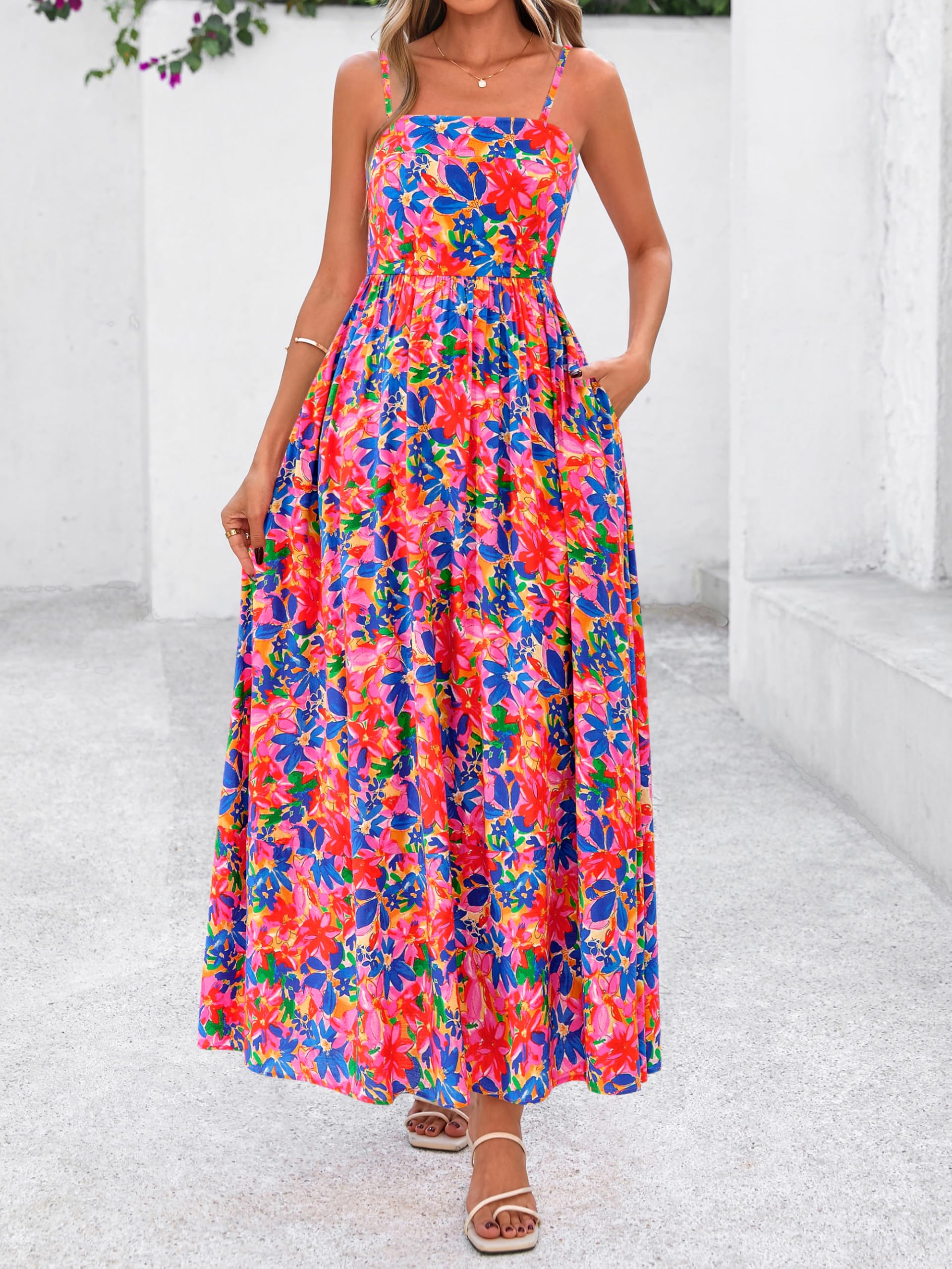 PRETTYGARDEN Sommerkleid für Damen, Spaghettiträger, Blumenmuster, Boho-Stil, für Party und Hochzeit