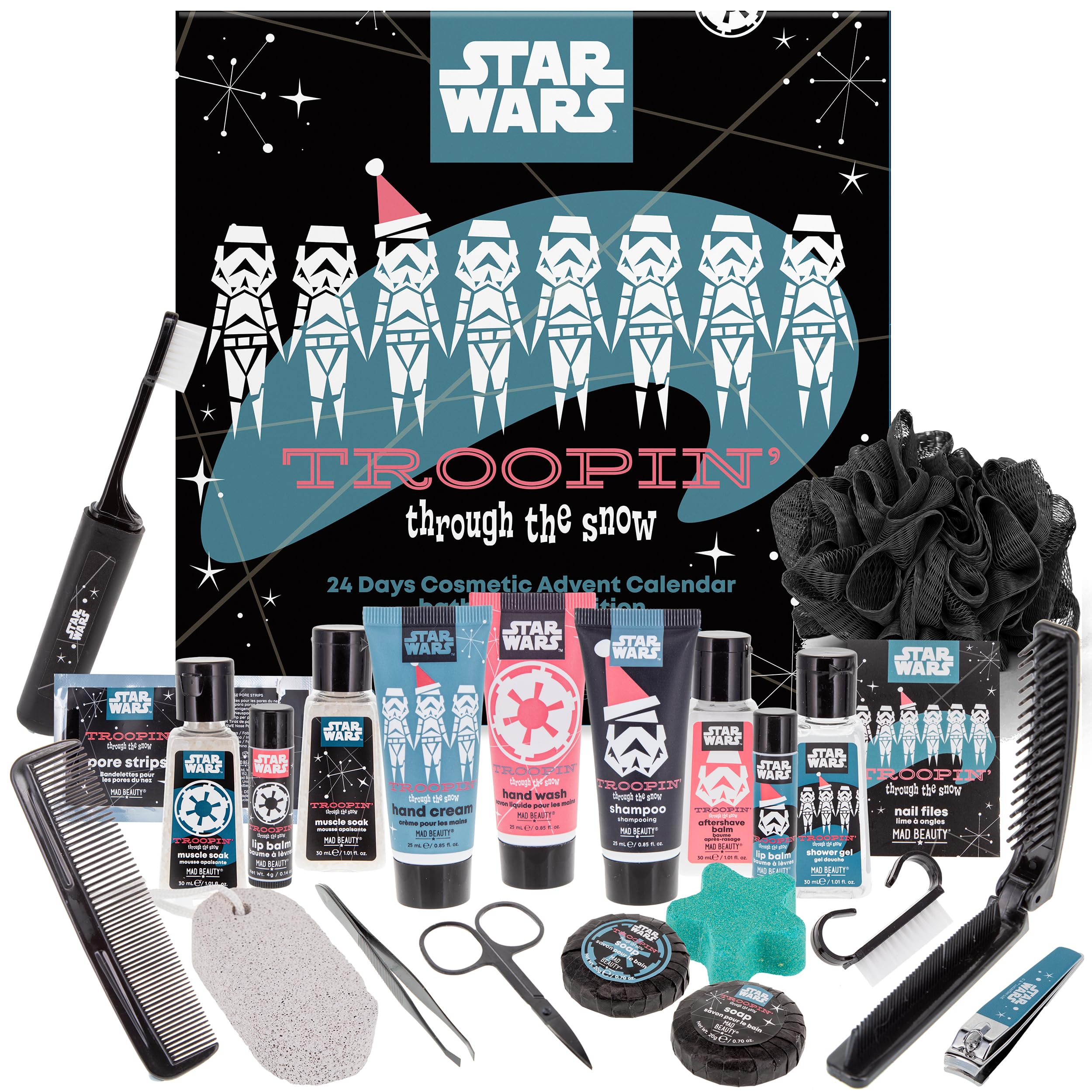 MAD Beauty – Calendario dell’Avvento Disney STAR WARS per uomini con 24 prodotti cosmetici, benessere per lui, con docciaschiuma, shampoo, sapone, pettine – Calendario di Natale in stile Stormtrooper