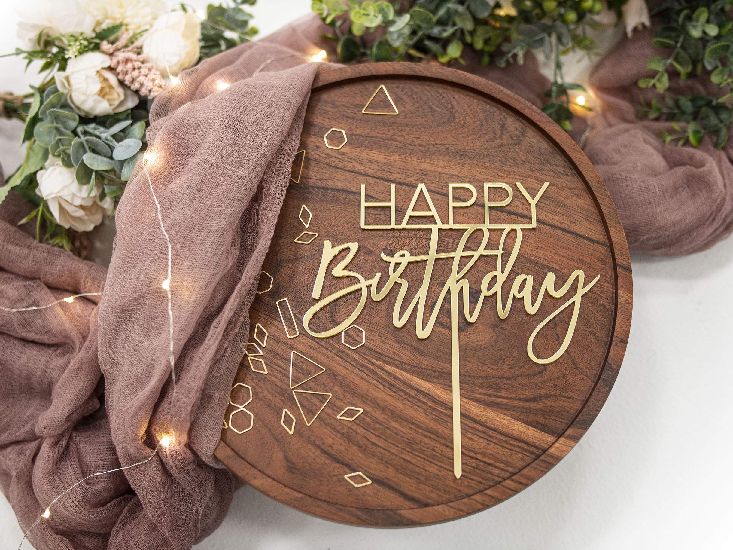 LS DesignsHappy Birthday Cake Topper Gold Acrylic Mix Large Cake Topper 7 3/5 inches x 7 1/2 inches Full Gold Acrylic Birthday Cake Birthday Cupcake Party Decoration Durable Versatile Cake Topper