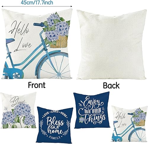 Miniatura 2 de WATINC 4 fundas de almohada de arpillera de hortensias azules para primavera y verano, 18 x 18 pulgadas, funda de cojín para decoración de flores y