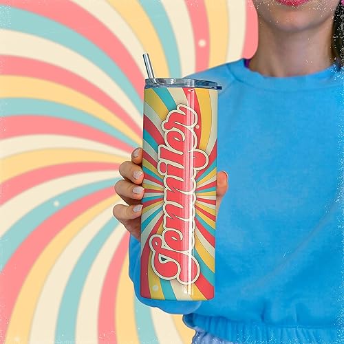 Miniatura 7 de Vaso delgado retro personalizado de 20 onzas con popote y tapa, 10 diseños retro, vaso sin BPA personalizado con nombre, regalos de cumpleaños para