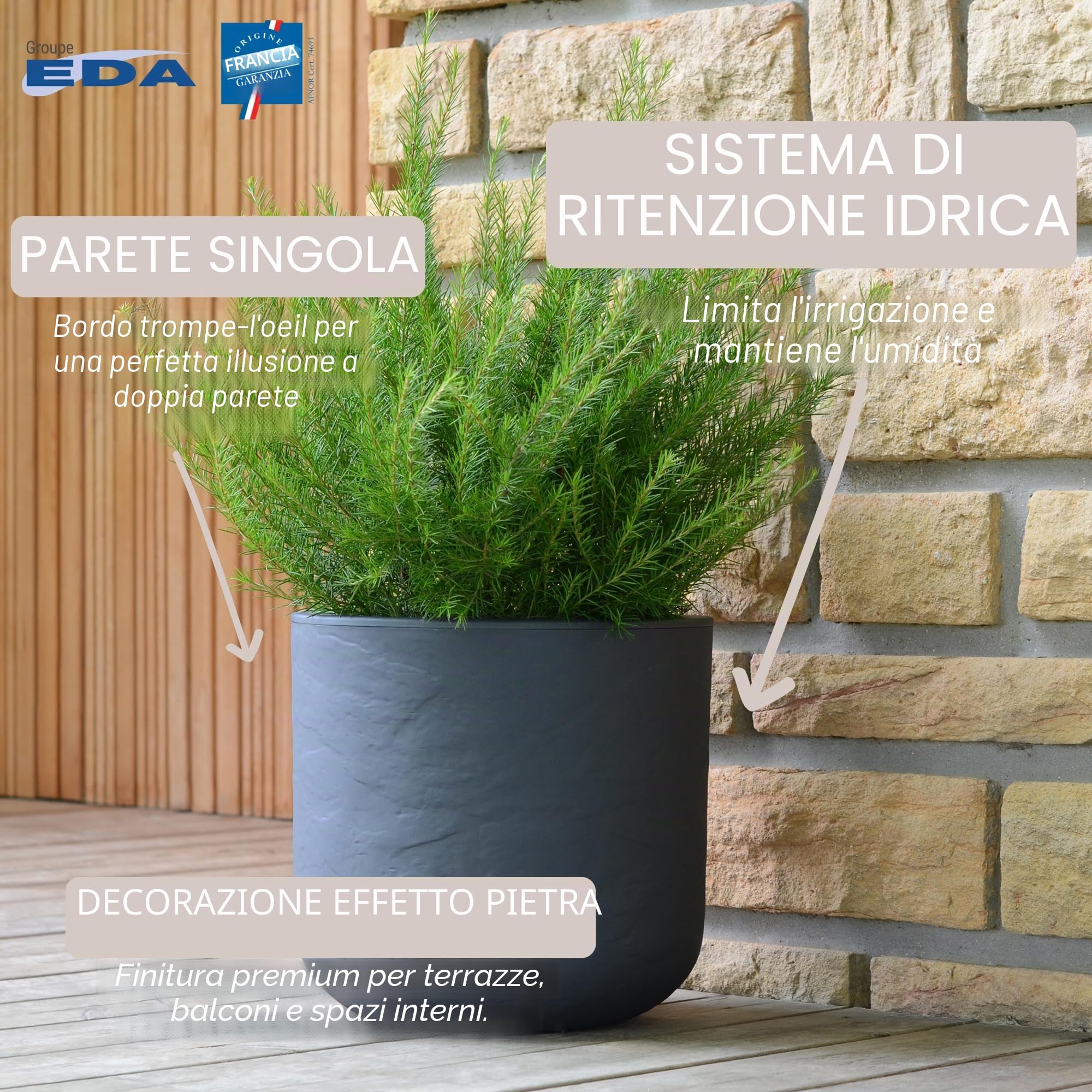 EDA - Vaso rotondo 40 cm Volcania'Up 32,5 L - Decorazione imitazione pietra - Singola parete - Area di ritenzione idrica - Ø 38,5 x H.36,8 cm - Grigio Antracite