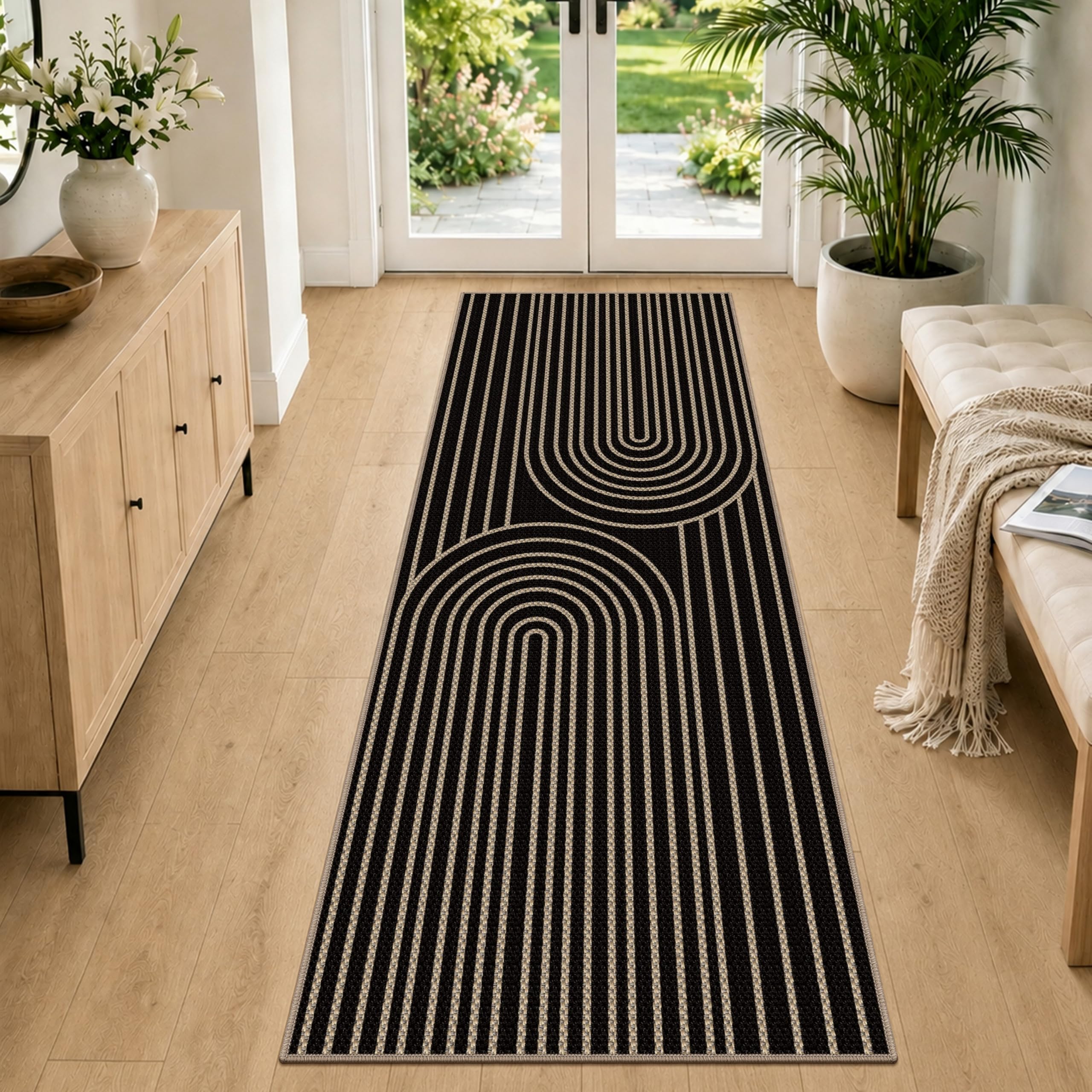 VSIWB Rug Runner Hallway 80 x 200 cm, Jute Look Kitchen Rug, Washable Hallway Rug, Non-Slip Kitchen Runner for Kitchen, Living Room, Bedroom, Foyer, Entrance, Balcony Black Outdoor Rug