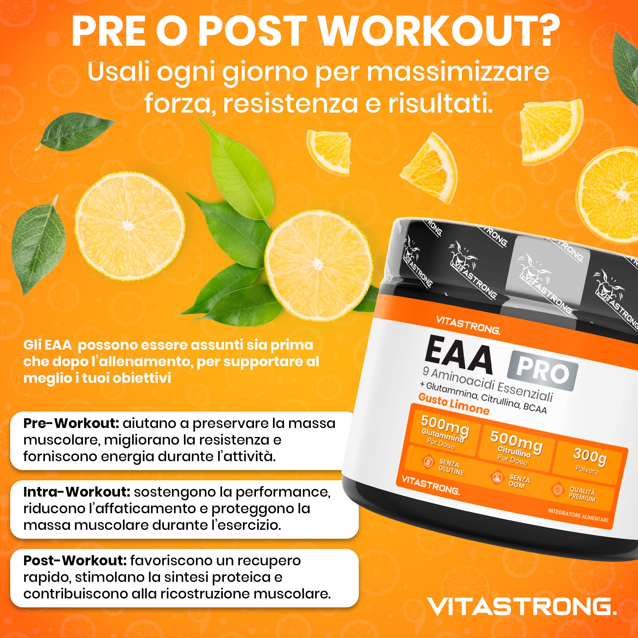 Aminoacidi Essenziali EAA PRO Vitastrong, 9 EAA Aminoacidi Essenziali Polvere 300g, BCAA Amminoacidi Ramificati, Glutammina, L Citrullina, L-Tirosina, L Lisina, L Triptofano, Metionina, Gusto Limone