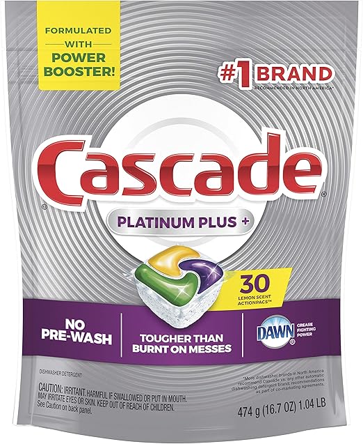 Cascade Platinum Dishwasher Pods, Actionpacs Dishwasher Detergent with Dishwasher Cleaner Action, Lemon Platinum Plus, 30 Count