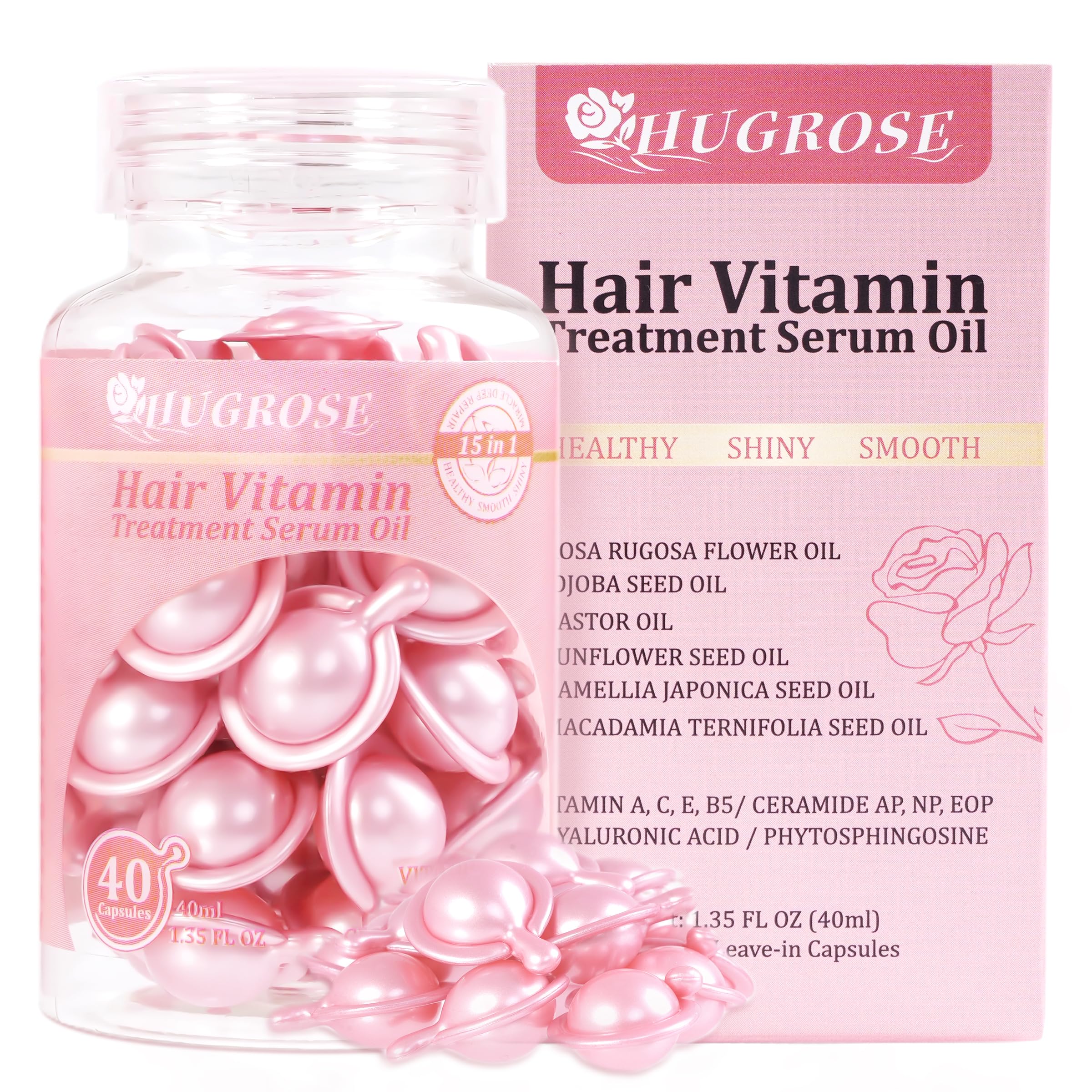 Hair Treatment Serum 40 Capsules, Hair Vitamins A C E Pro B5 - Hair Serum for Frizzy and Damaged Hair, Hair Oil with Rosa Rugosa Flower, Jojoba & Macadamia Seed - Leave in Conditioner for Women & Men