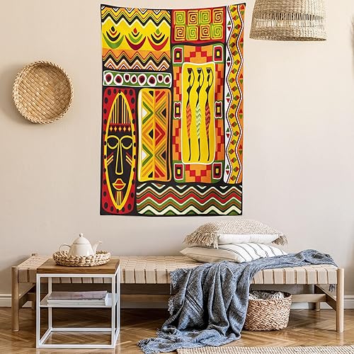 Miniatura 6 de Ambesonne Tapiz africano, elementos históricos originales a rayas y rectangulares, diseño para colgar en la pared para dormitorio, sala de estar,