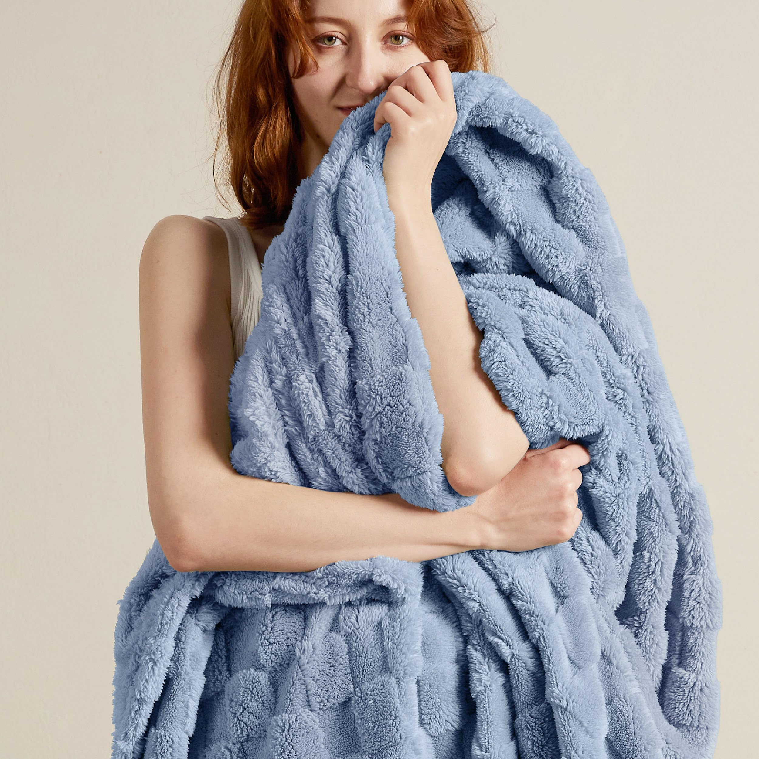 Bedsure Ashley Blue Fleece Blanket for Couch - Super Soft Cozy Queen Blankets for Women, Cute Small Throws for Girls, 90x90 Inches