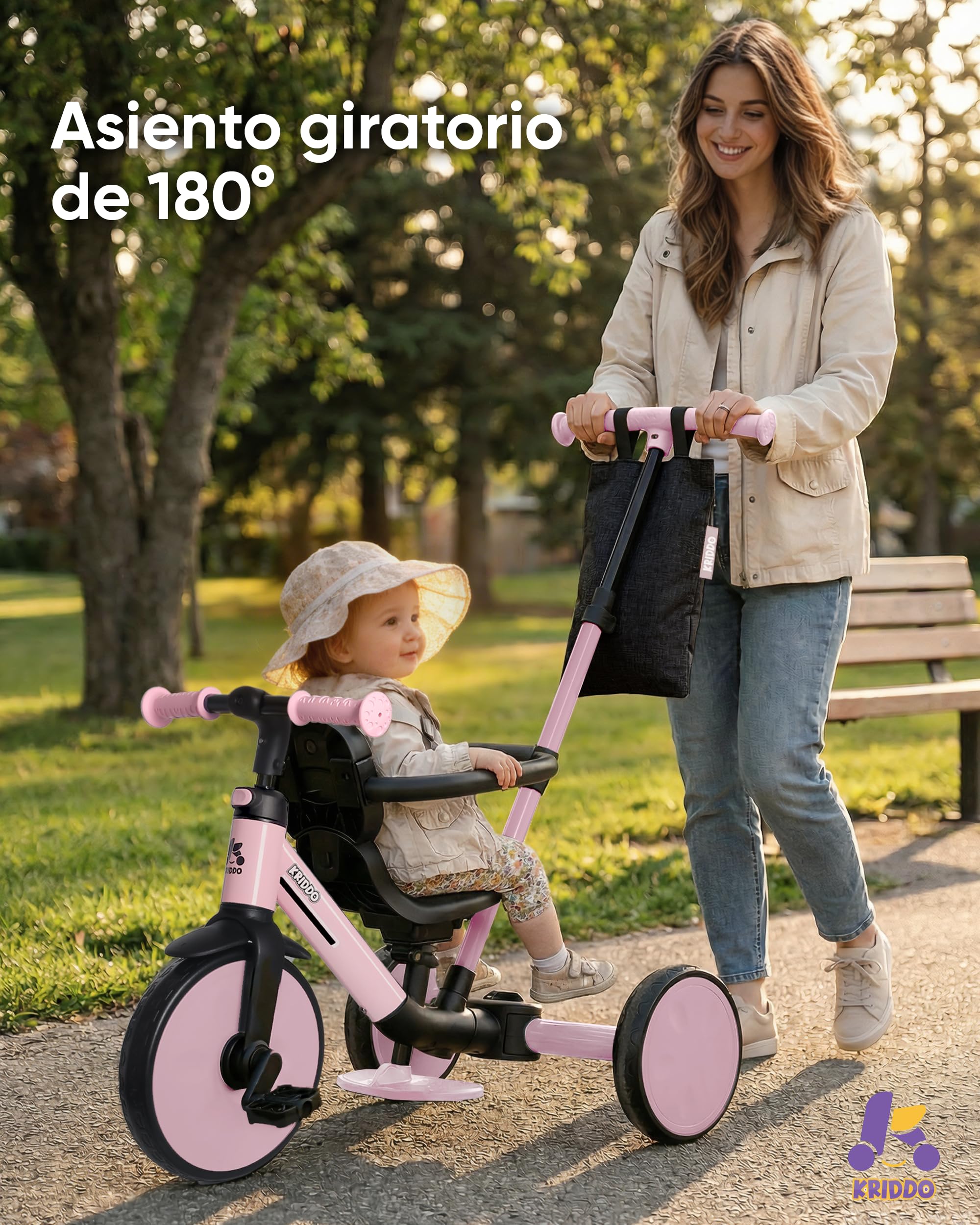KRIDDO Triciclo Evolutivo 7 en 1 para Niños de 18 Meses a 5 Años – con Barra de Empuje, Triciclo y Bicicleta con o sin Pedales, Arnés de 3 Puntos, Bolsa de Almacenamiento, Rosa