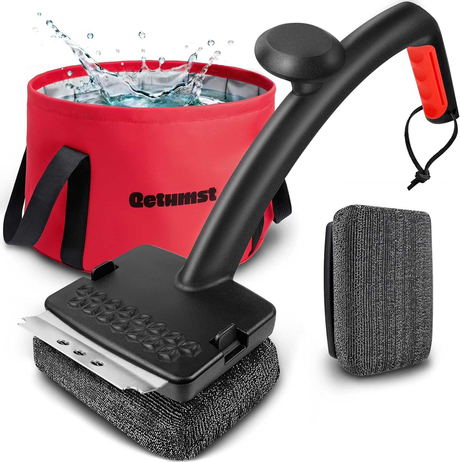 Qetumst Grill Brush Bristle Free with Collapsible Bucket, Steam BBQ Cleaning Kit & 3 in 1 Scraper, Extra Replaceable Head, Safe Outdoor Accessories for Cast Iron, Porcelain Grates