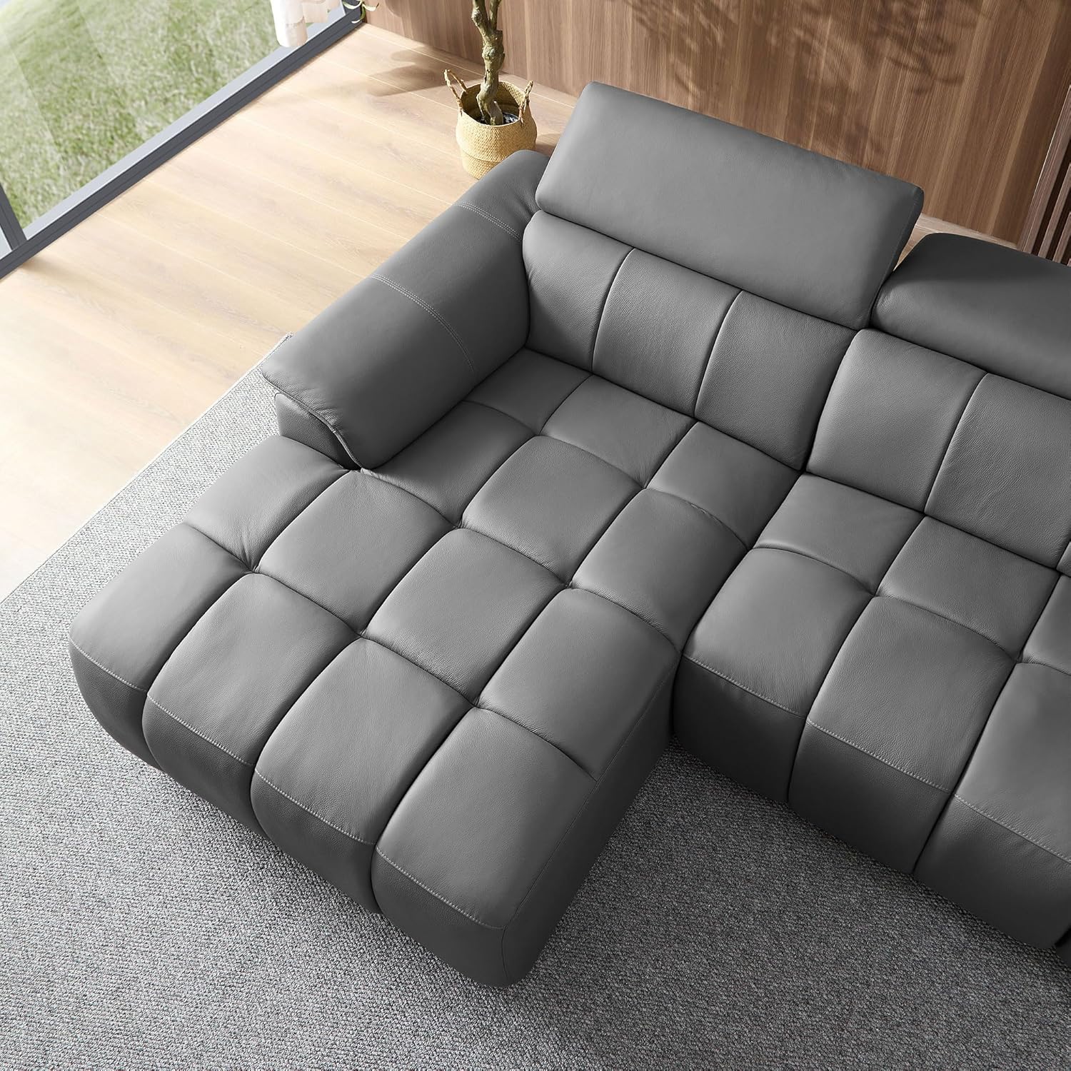 KEIKI 113" L-Shaped Genuine Leather Wall-Hugger Reclining Sofa with Left Chaise, Adjustable Backrest & Footrest, Modern Electric Control 3-Seater Couch with USB, for Living Room, Dark Grey