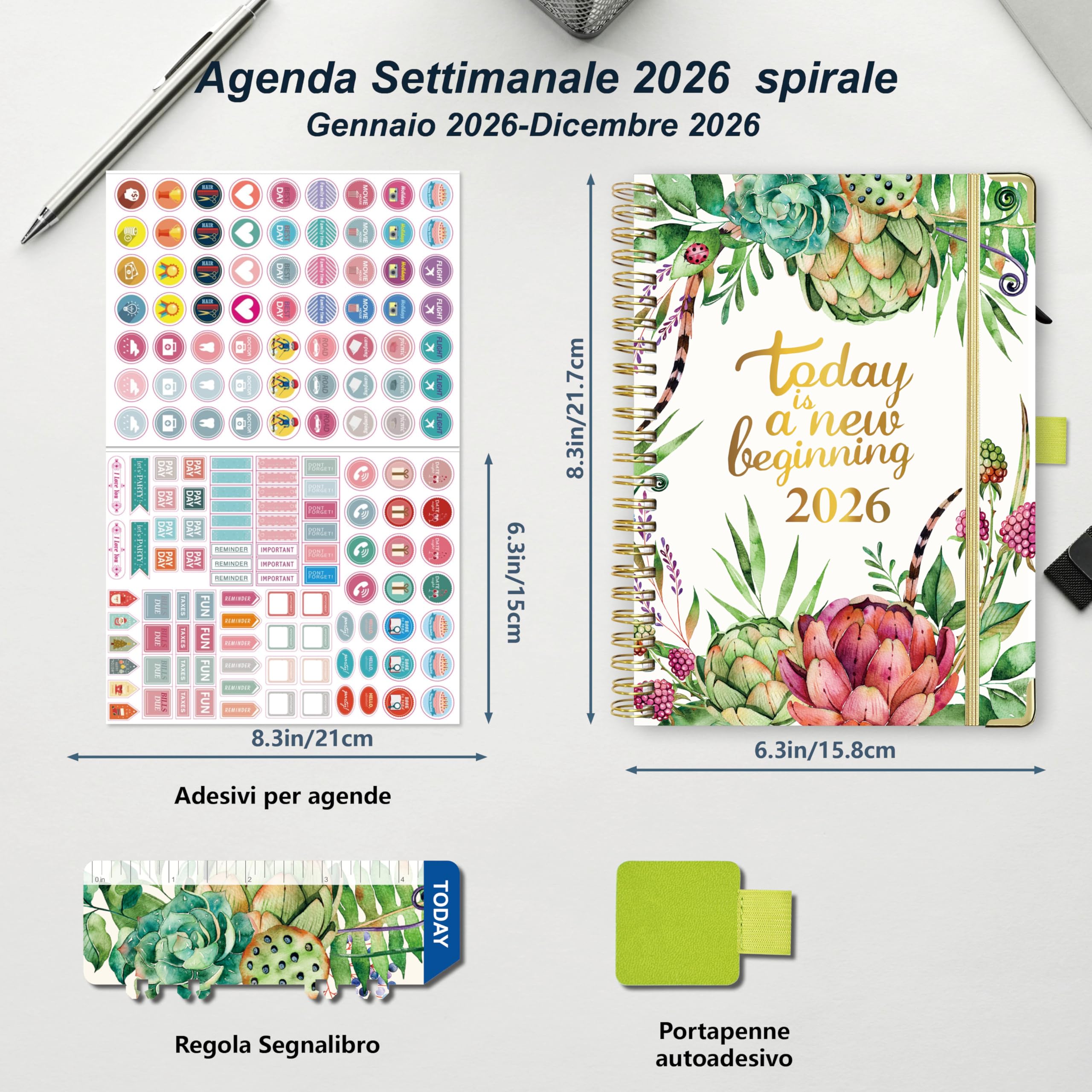 NEYSA Agenda 2026 Settimanale spirale, Diario Scuola A5 Da gennaio a dicembre 2026 (12 mesi) agenda scolastica con passante per penna, righello segnalibro e adesivi - 21,7 X 15,8 cm (Erba verde)