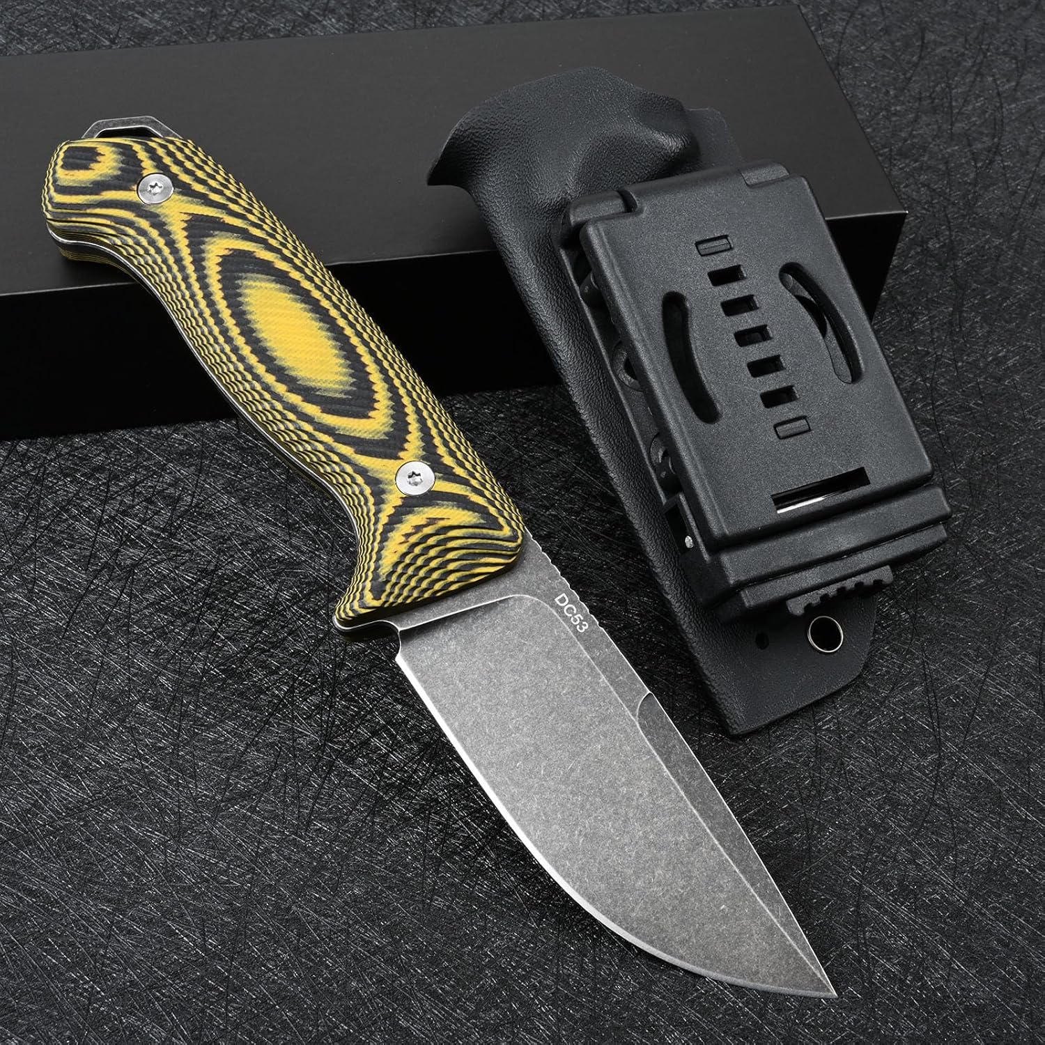 Knives DC53 Steel Tactical Hunting Fixed Blade Knife G10 Handle with kydex sheath for Men EDC Outdoor Camping Survival (Black stone wash+yellow handle) - Image 3