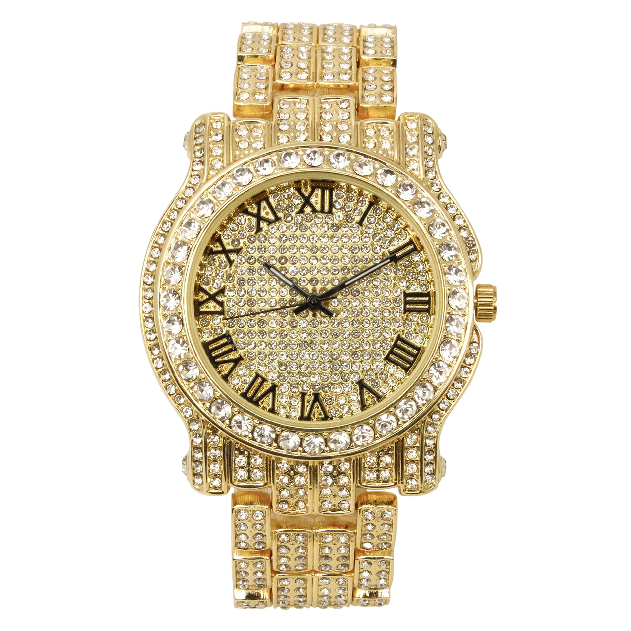 Charles Raymond Bling-ed Out Round Orologio da uomo di lusso con bracciale cubano Bling-ed Out e set di anelli re ghiacciati - L0504 BR 3 pezzi Set