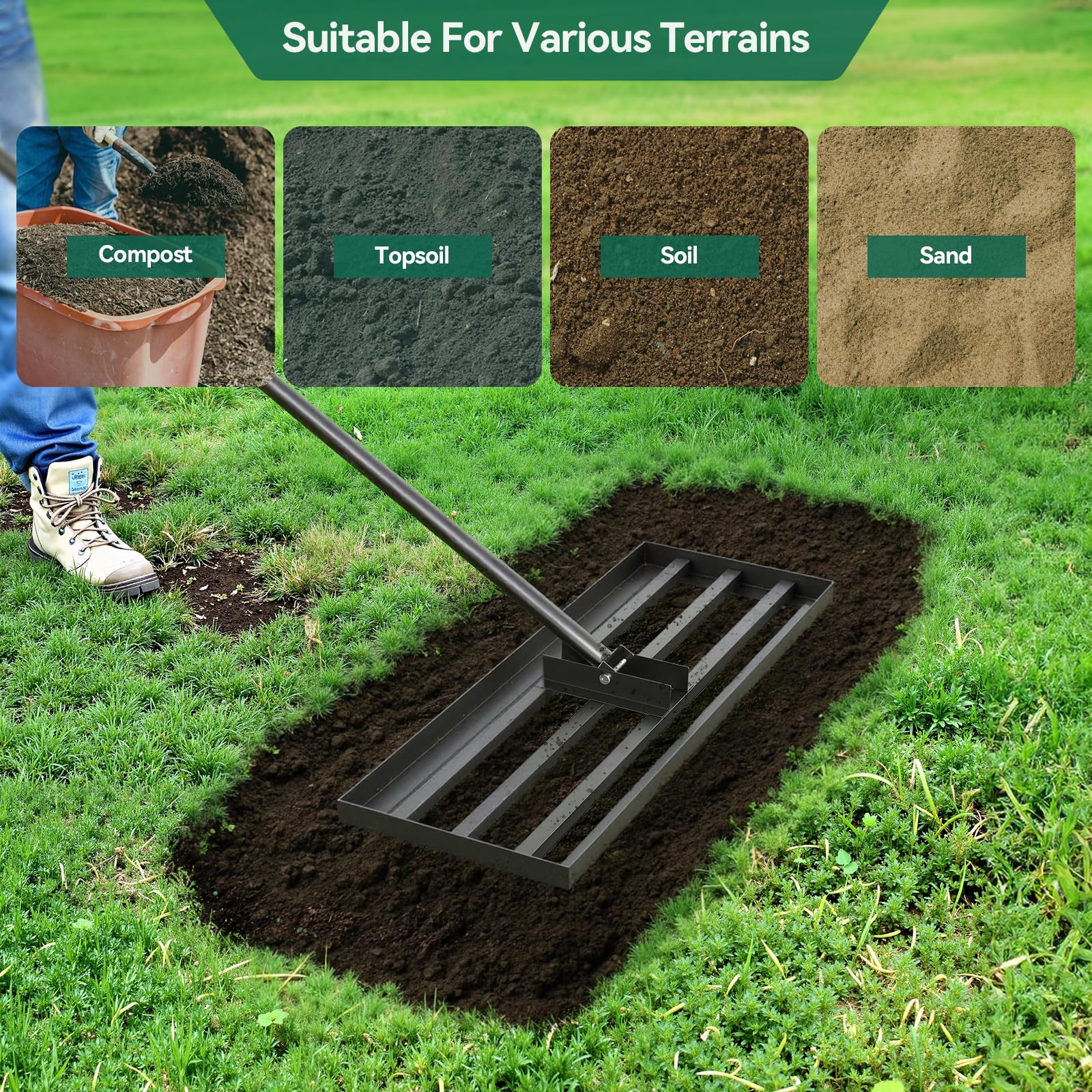 Warmiehomy Rastrillo de jardín de 76 x 25 cm, rastrillo de hojas para jardinería con mango ajustable de 213 cm, herramienta de nivelación de césped resistente para ahorrar esfuerzo, nivelador de patio
