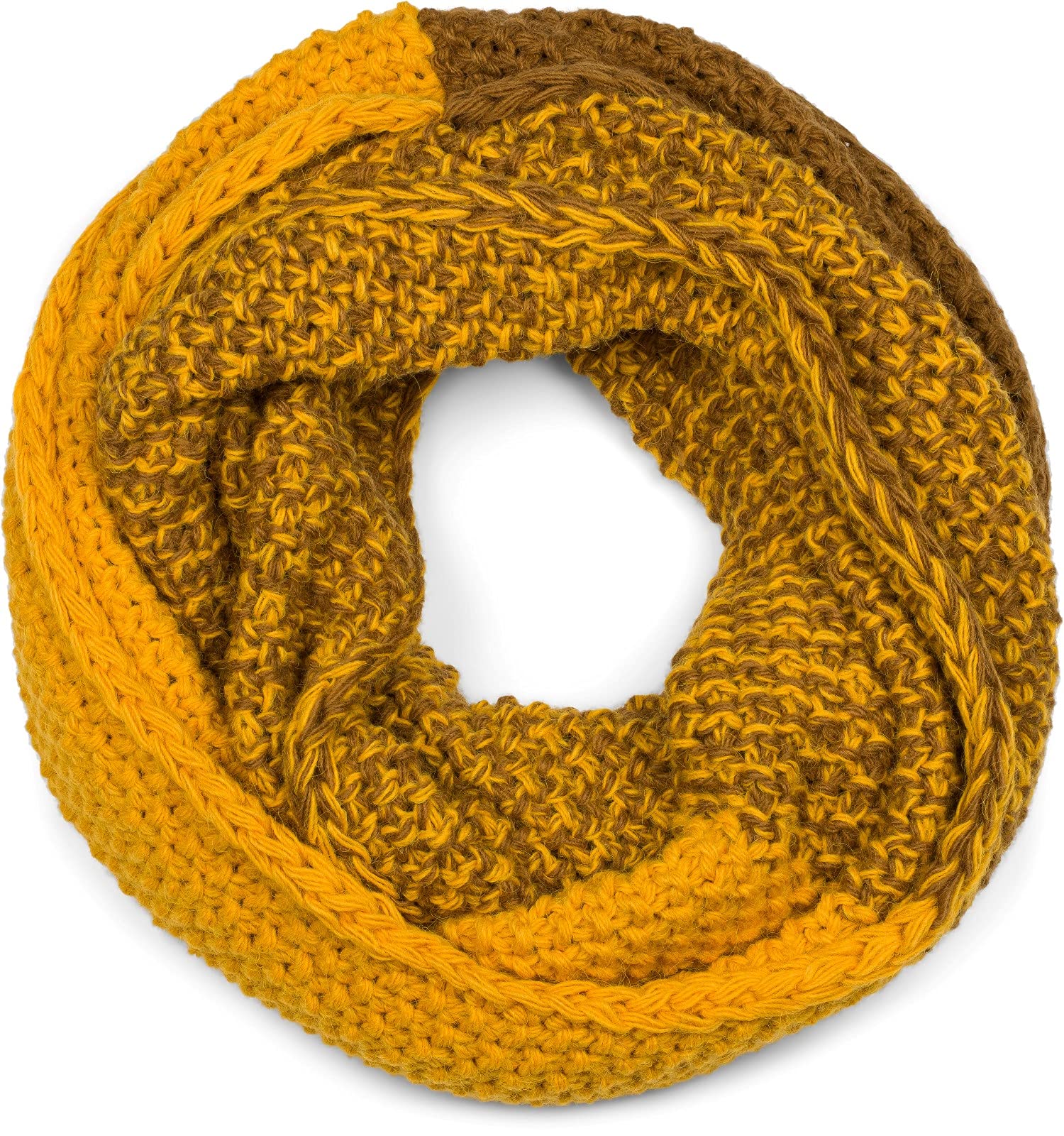styleBREAKER Women's Curry-Brown Knitted Loop Scarf with Ombre Gradient, Rice Grain Pattern, Warm Winter Scarf, 65 x 41 cm, Made in Poland