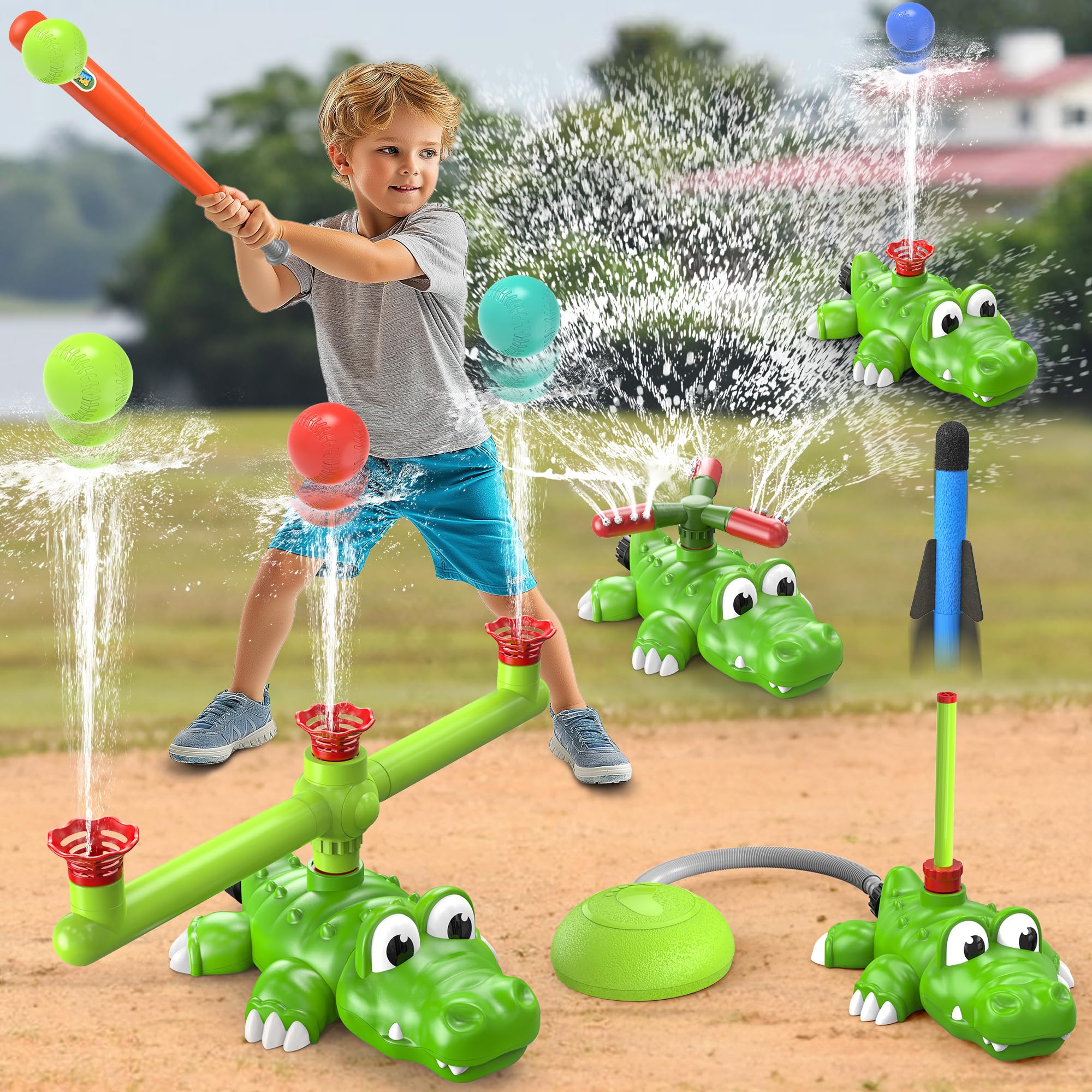 4-in-1 Summer Outdoor Sprinkler Spray Water Toys,360° Rotating Sprinkler/Hydro Baseball /3-Spout Slugger/Stomp Rocket Lawn Backyard Pool Party Outside