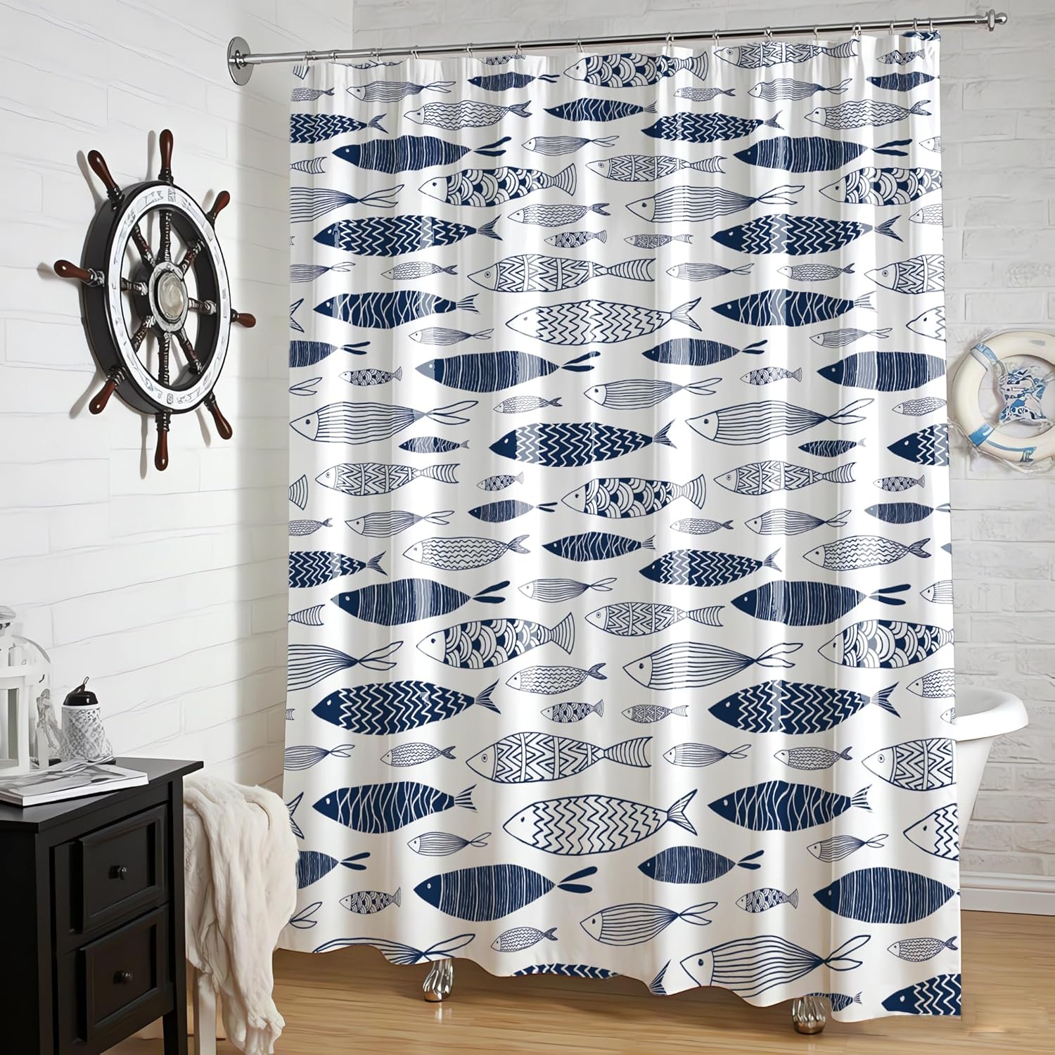Blue Fish Shower Curtain 72" W x 78" H Longer Crisp Line Eastern Aesthetics Blue White Nautical Theme Water Repellent Fabric Curtain for Neutral/Masculine/Guest Bathroom