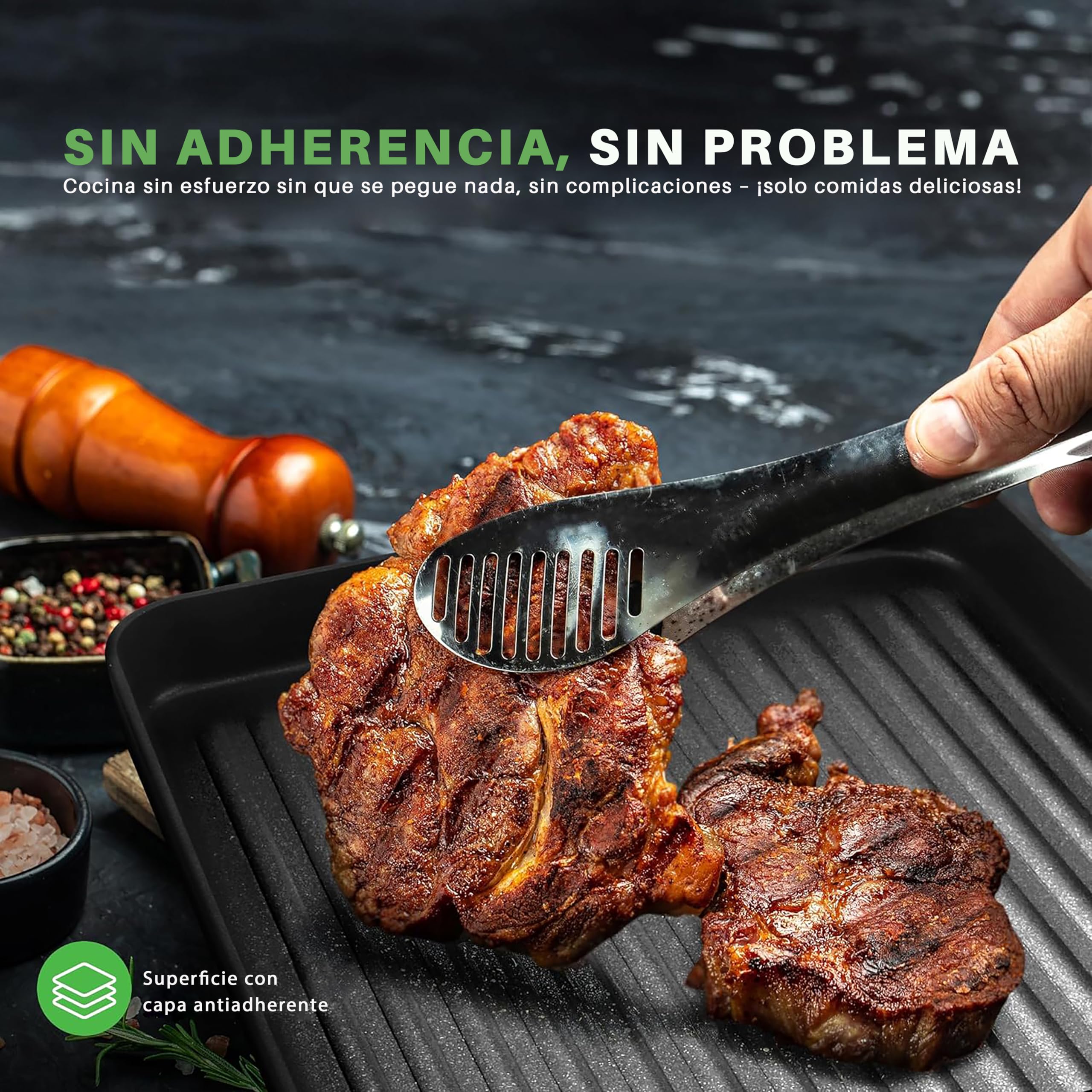 Nutrichef sarten parrilla, Grill, 11”, Cuadrada, Anodizada, Asador, Plancha cocina, Antiadherente, Asas reforzadas, Apto para lavavajillas