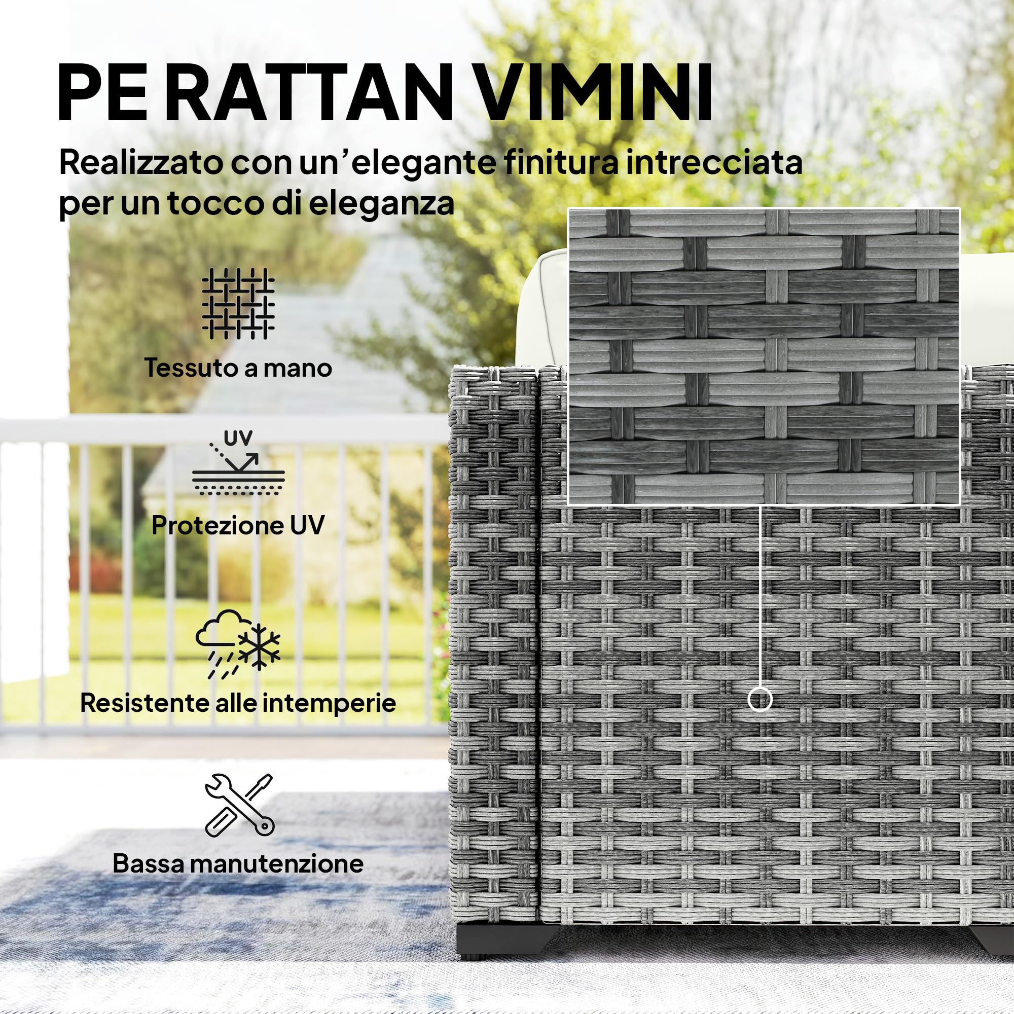 Outsunny Set Salotto da Giardino in Rattan 6 Pezzi, Set di Mobili da Giardino ad L con Divani senza Braccioli, Sedia Angolare, Poggiapiedi, Cuscini, Tavolino, Salottino da Esterno Patio, Grigio Misto