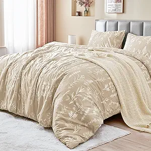 MUXHOMO Duvet Cover King Size, Reversible Floral Beige Duvet Cover Set with Zipper Closure, 3 Pieces Botanical Patterns Soft Microfiber Bedding Set (90"x104", 2 Pillow Cases 20"×36")