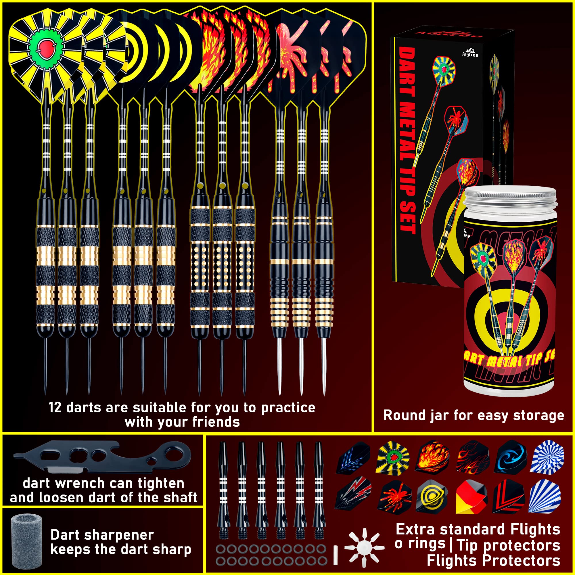 Alyoen 12 Stück Dartpfeile Metallspitze,20/24/26Gramm Profi Dartpfeile,Darts Sets mit Aluminium Schafts Flights Sharpener Beschützer Rubber O's Rings Multi Purpose Dart Tool