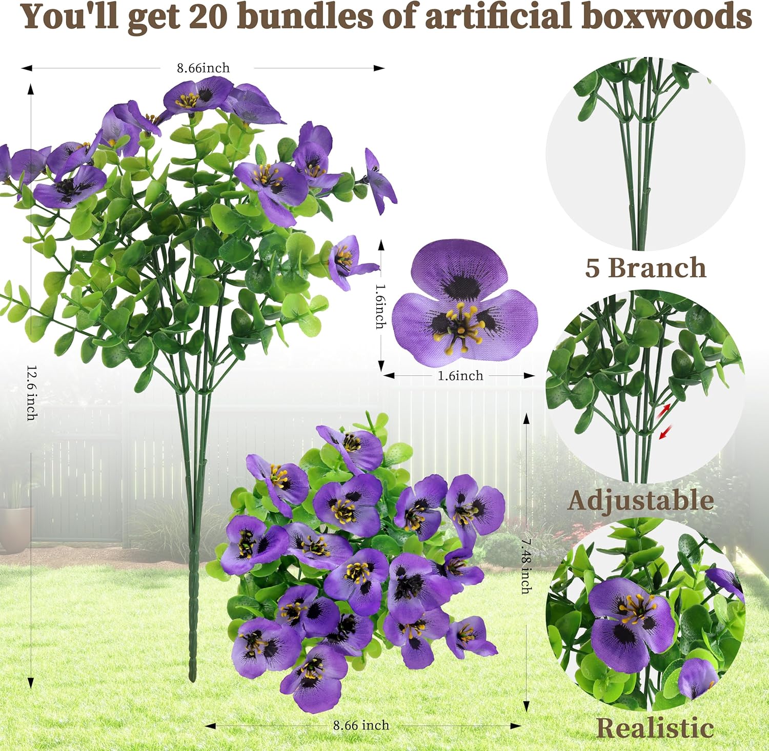 20 Bundles Artificial Fake Pansy Flowers for Outdoor - Yellow, White, Purple, Sunset red & deep pink Faux Pansies Flowers, Fake Flowers for Outdoor Planters, Porch, Garden, and Home Decoration - Image 2