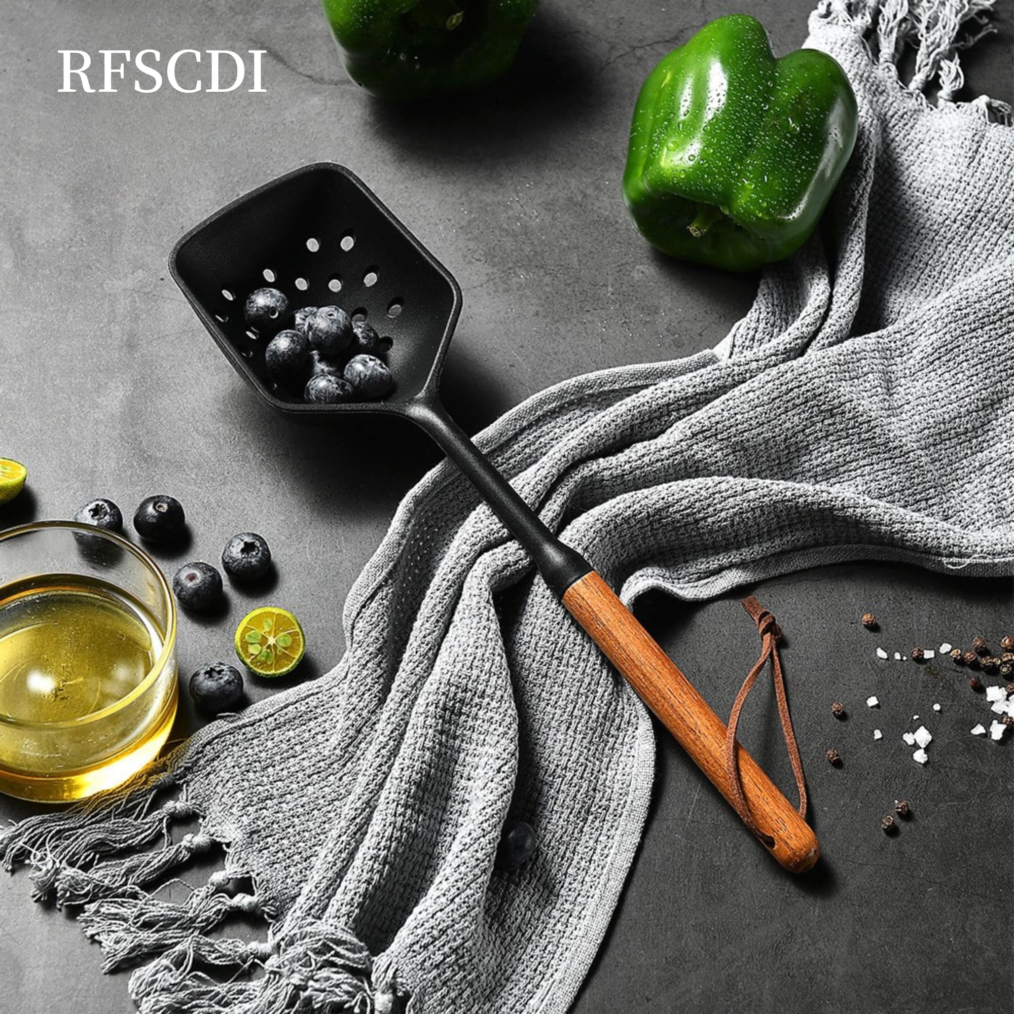 Squisito set di utensili da cucina in silicone, atossici, resistenti al calore, con manici in silicone per uso alimentare e legno, include spatola e cucchiaio per pentole antiaderenti, nero