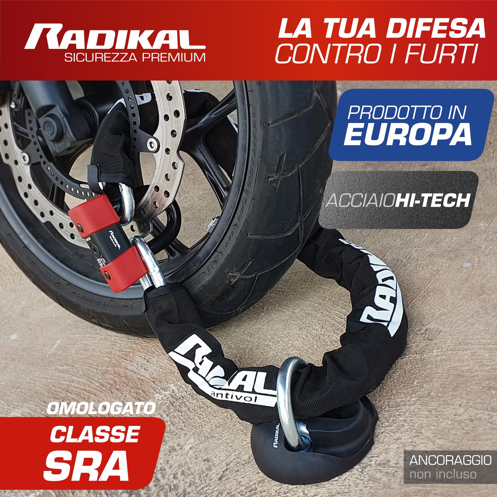 RADIKAL RK75120 Blocca Disco + Catena Alta Sicurezza Antifurto Moto Omologato CLASSE SRA, 120cm, Made in Europe