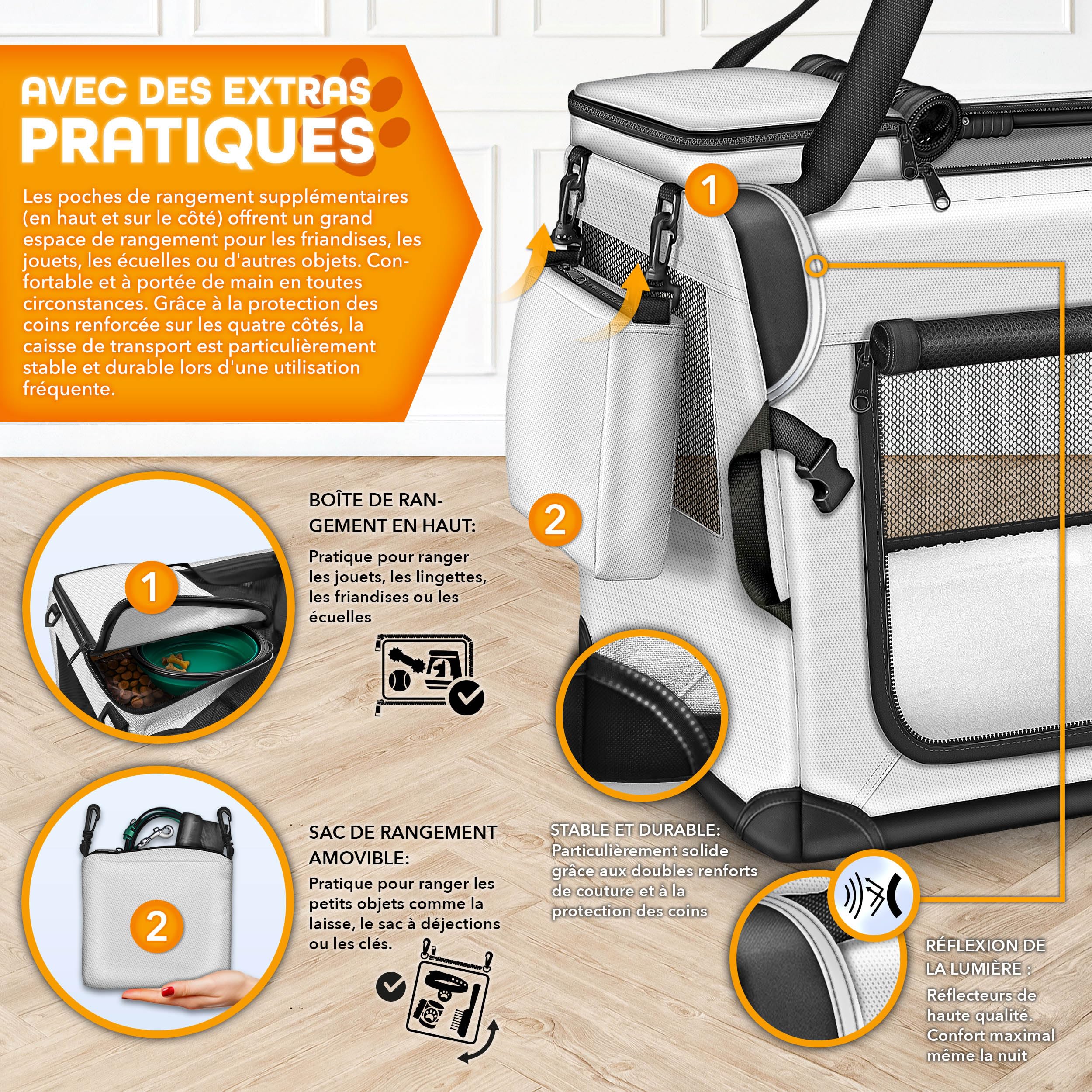 TRESKO® Caisse de transport pliable, avec tapis de fuite, spatule et réflecteurs, pour chiens et chats de petite et grande taille, sac robuste, taille M, 61 x 42 x 42 cm (gris)